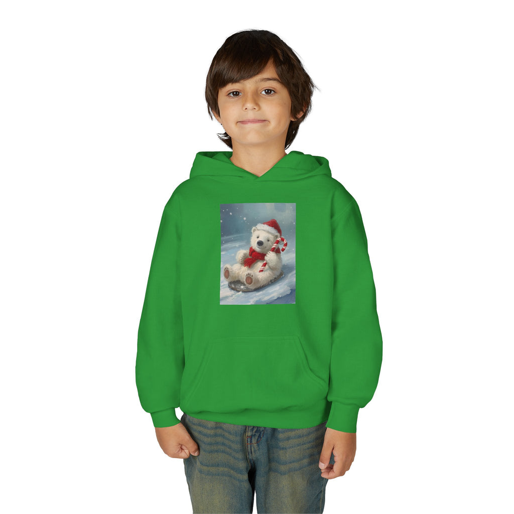 Cozy Christmas Bear Youth Hooded Sweatshirt, Winter Hoodie, Holiday Gift, Cute Sweatshirt for Kids, Festive Apparel
