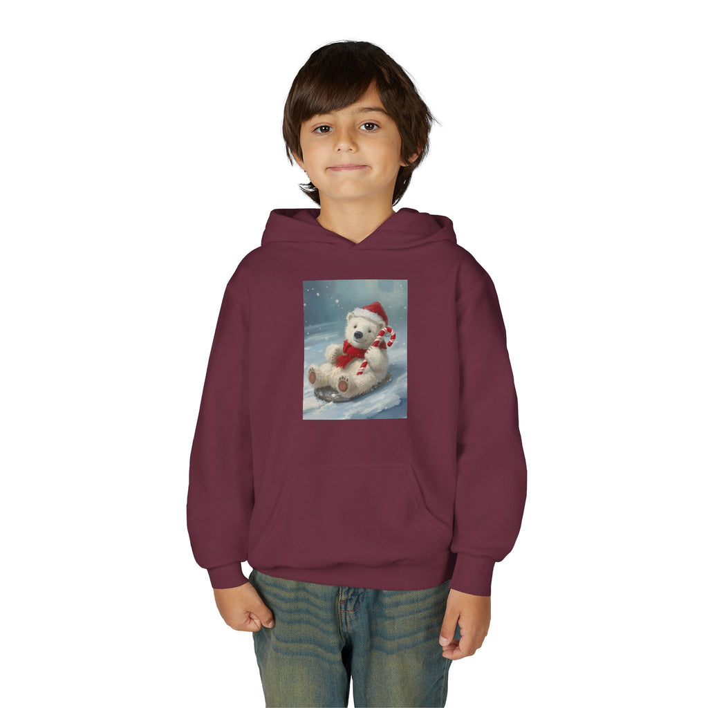 Cozy Christmas Bear Youth Hooded Sweatshirt, Winter Hoodie, Holiday Gift, Cute Sweatshirt for Kids, Festive Apparel