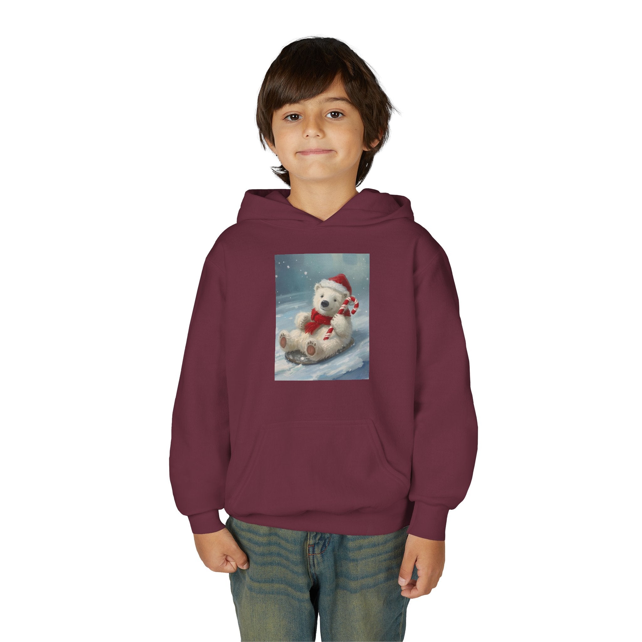 Cozy Christmas Bear Youth Hooded Sweatshirt, Winter Hoodie, Holiday Gift, Cute Sweatshirt for Kids, Festive Apparel