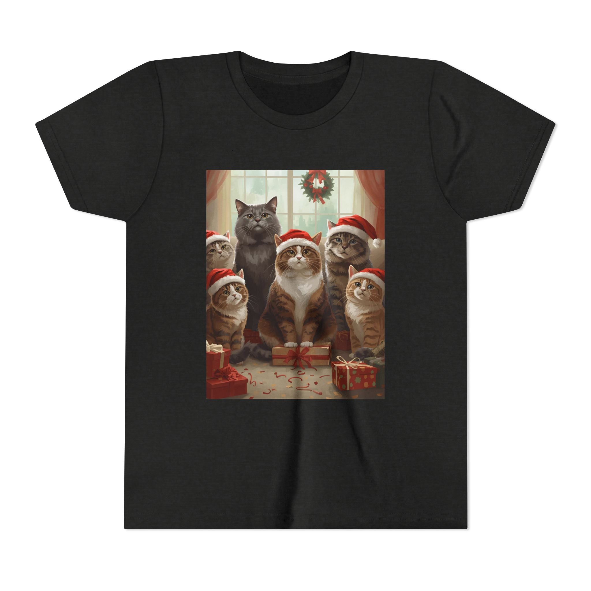 Cute Festive Christmas Cat Youth Short Sleeve Tee