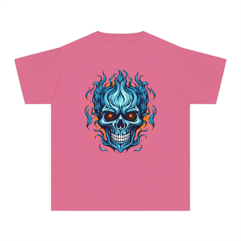 Skull Flame Youth Graphic Skull Tee, Cool Teen Fashion, Edgy Summer Wear, Halloween Costume, Unique Gift for Kids, Casual Everyday Style
