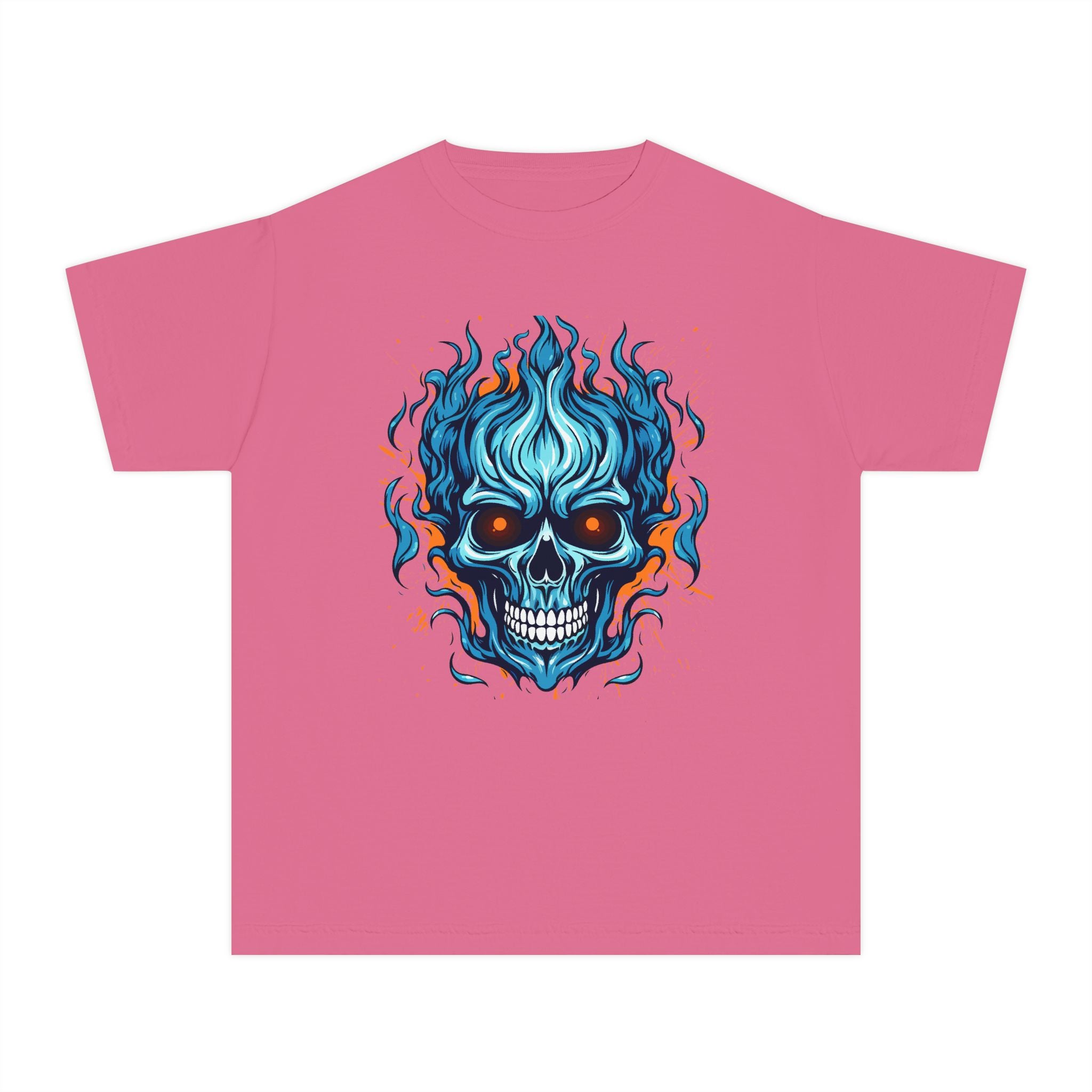 Skull Flame Youth Graphic Skull Tee, Cool Teen Fashion, Edgy Summer Wear, Halloween Costume, Unique Gift for Kids, Casual Everyday Style