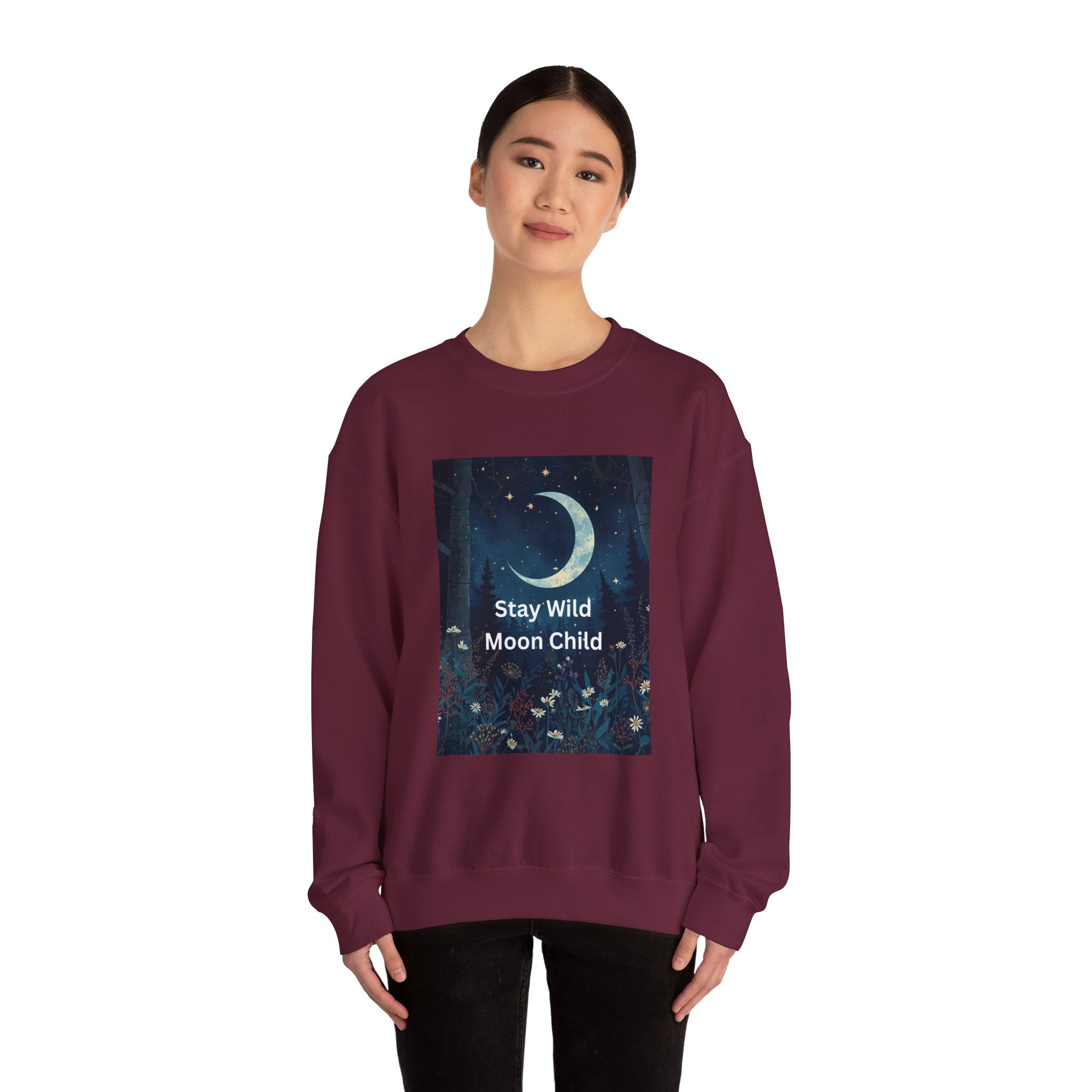 Stay Wild Moon Child Sweatshirt | Cozy Unisex Crewneck | Perfect for Nature Lovers, Festival Goers, and Everyday Comfort