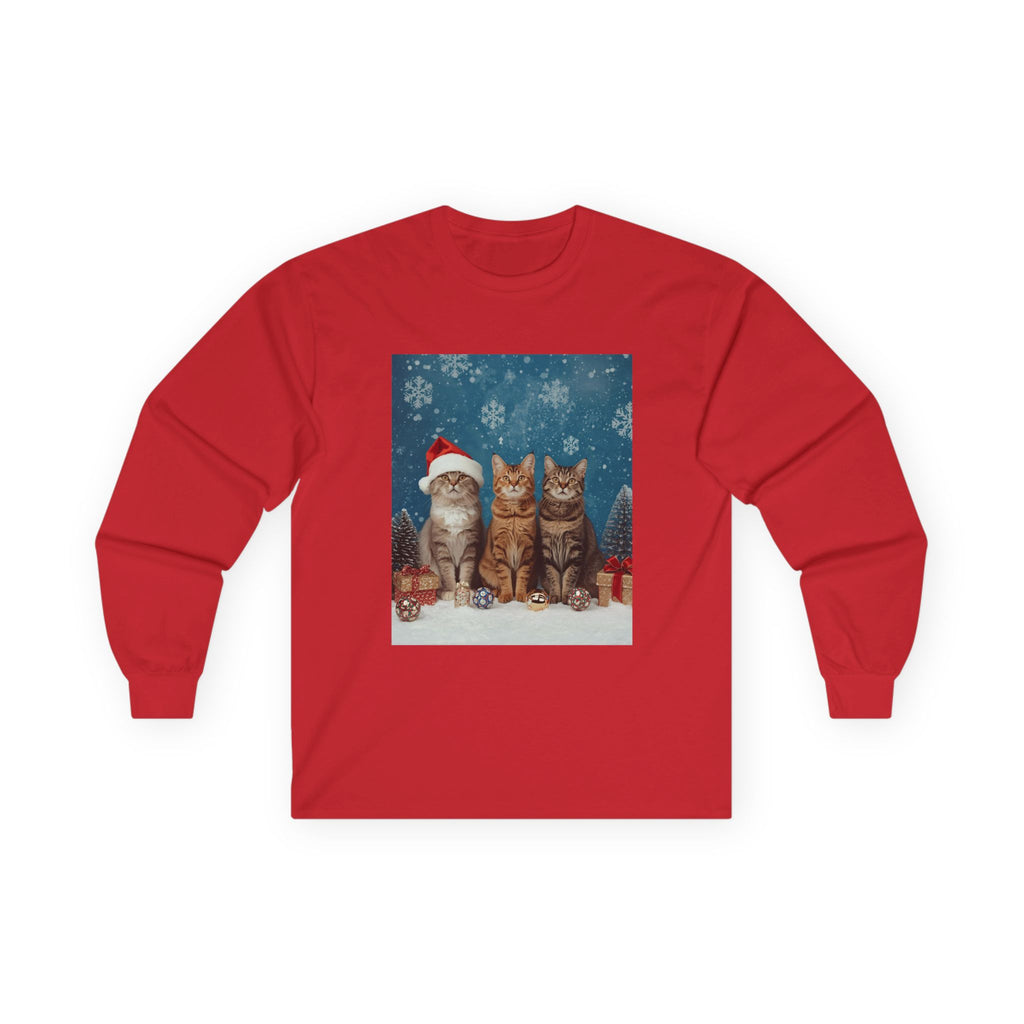 Cute Christmas Festive Cat Long Sleeve Tee - Funny Cat Shirt for Animal Lovers, Holiday Gift, Winter Apparel, Christmas Party Wear, Cozy Top