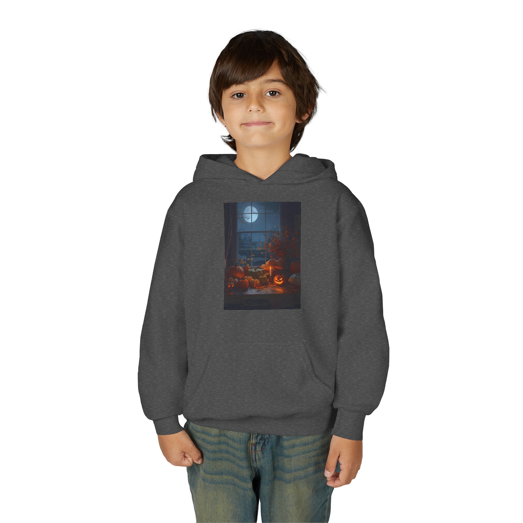 Halloween Pumpkin Youth Hoodie, Cozy Sweatshirt for Kids, Autumn & Halloween Apparel, Spooky Themed Hoodie, Fun Gift for Boys & Girls