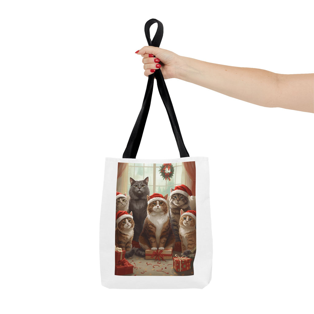 Cute Christmas Festive Cat Tote Bag, Christmas Gift, Holiday Shopping Bag, Cute Cat Lover Bag, AOP Tote for Cat Enthusiasts