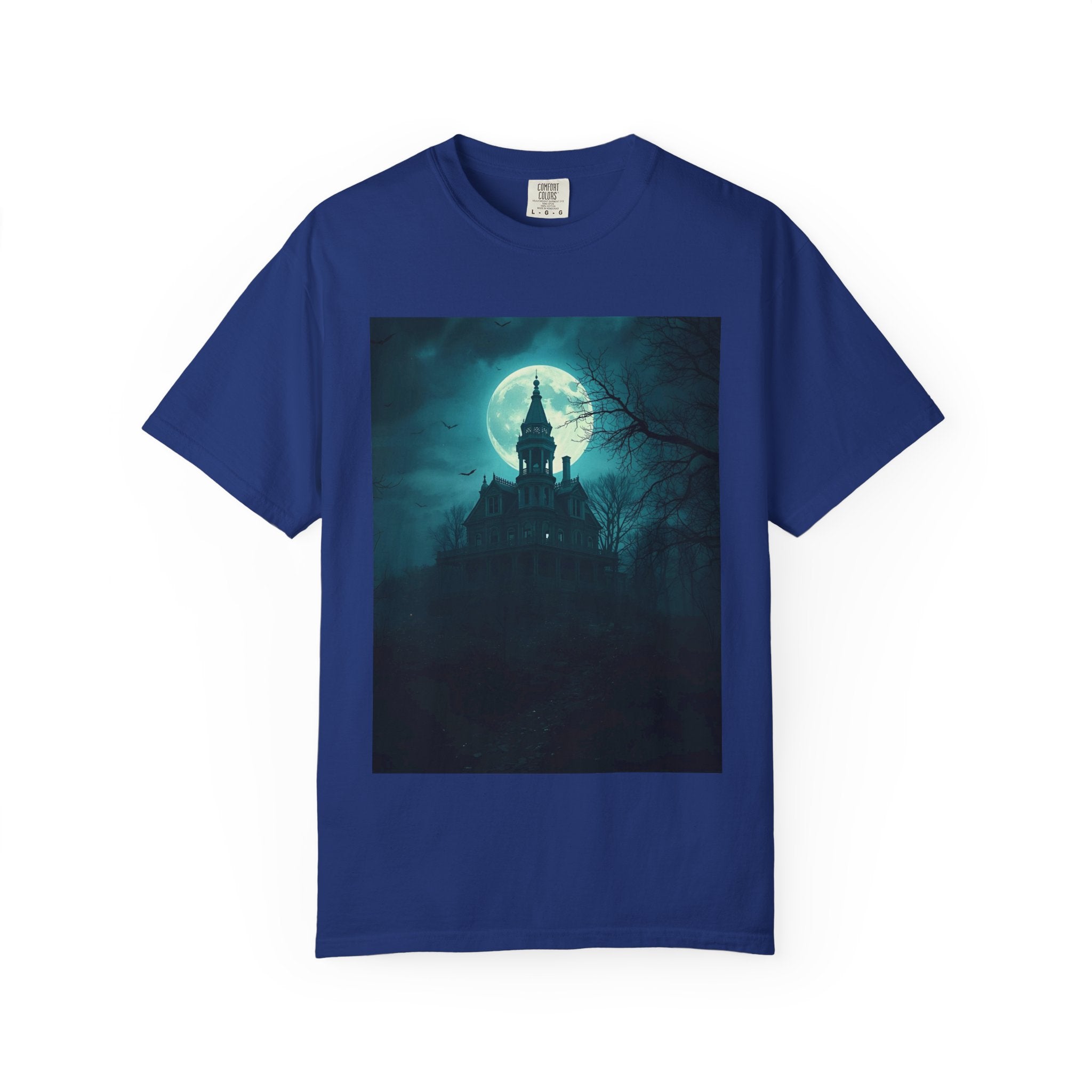 Haunted Moonlight Spooky Castle Graphic Tee | Unisex Garment-Dyed T-shirt, Halloween Shirt, Graphic Tee, Casual Wear, Gift for Ghost Lovers