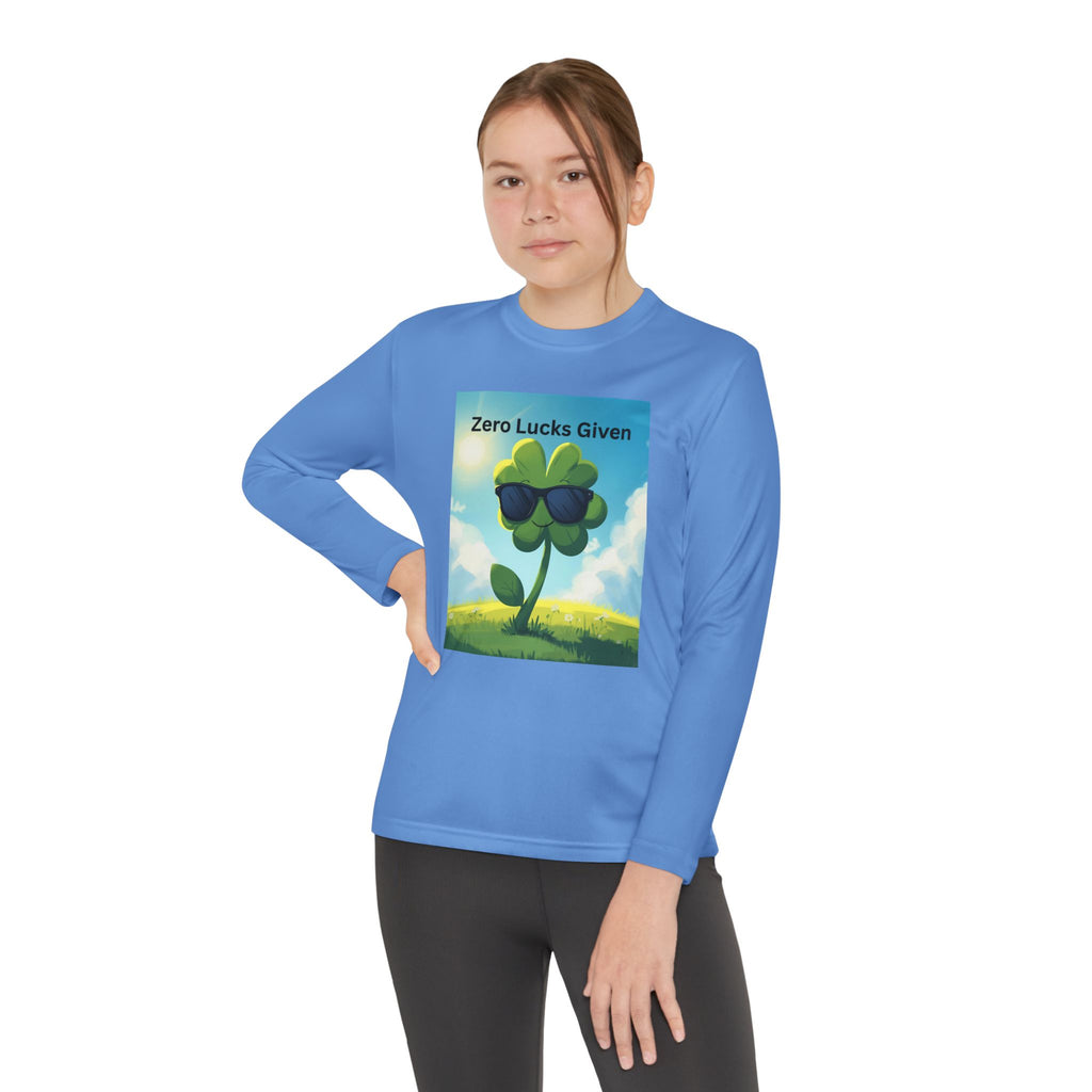 Zero Lucks Given Youth Long Sleeve Tee, Fun Graphic Shirt, Clover Print Top, Gift for Kids, Statement Tee, Birthday Gift