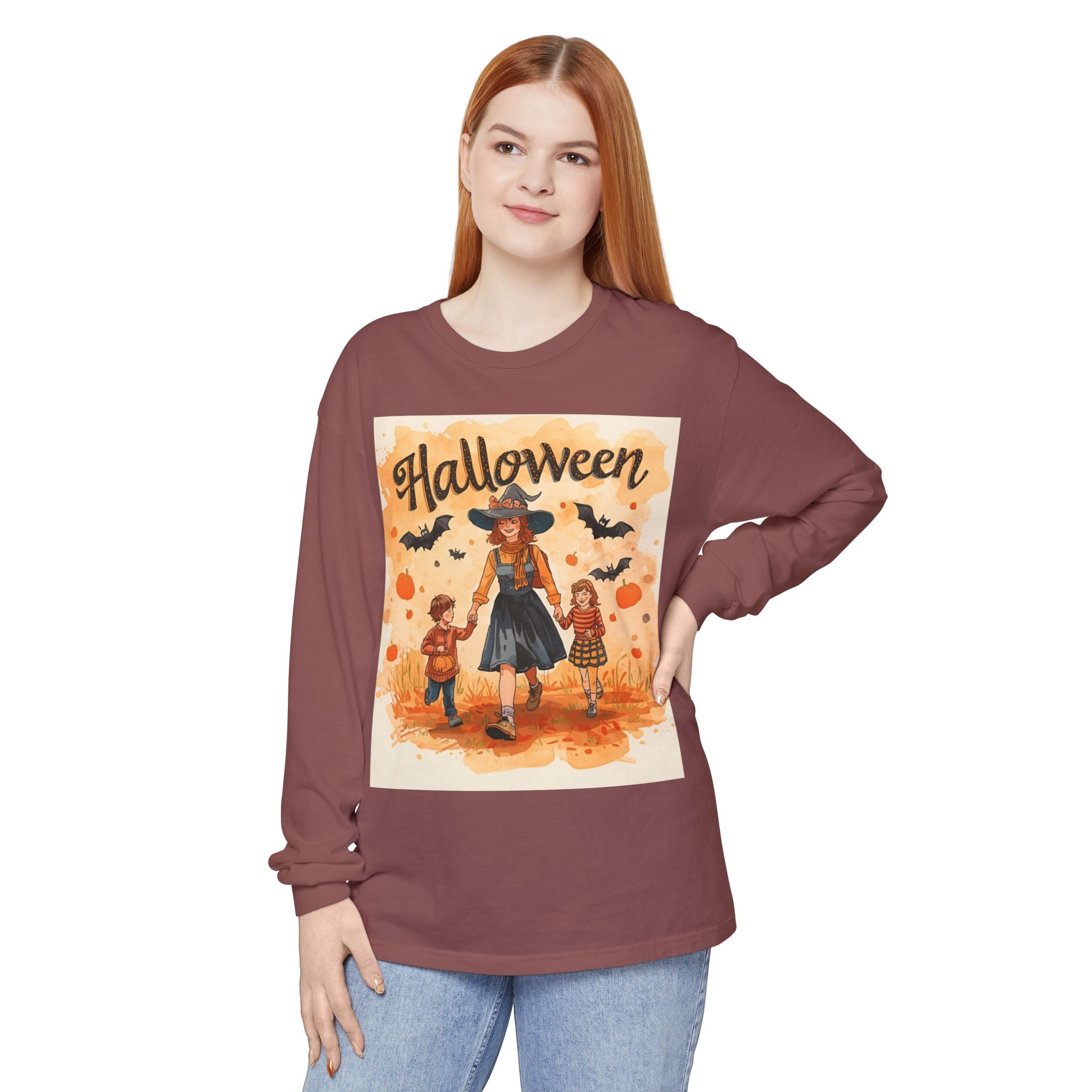 Halloween Themed Mom And Children Unisex Garment-dyed Long Sleeve T-Shirt