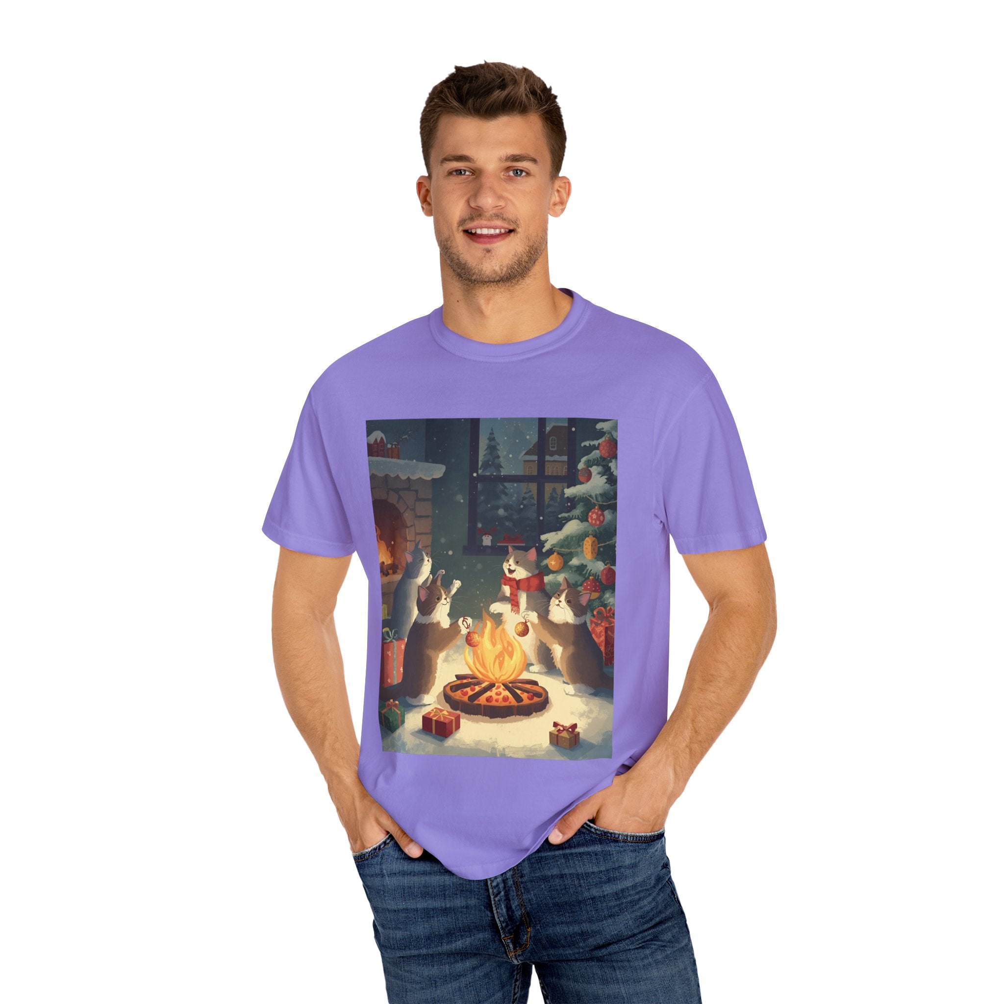Cozy Cat Campfire T-shirt, Unisex Garment-Dyed Tee, Holiday Gift, Cat Lover Gift, Cute Winter T-shirt, Cozy Nightwear, Christmas Shirt