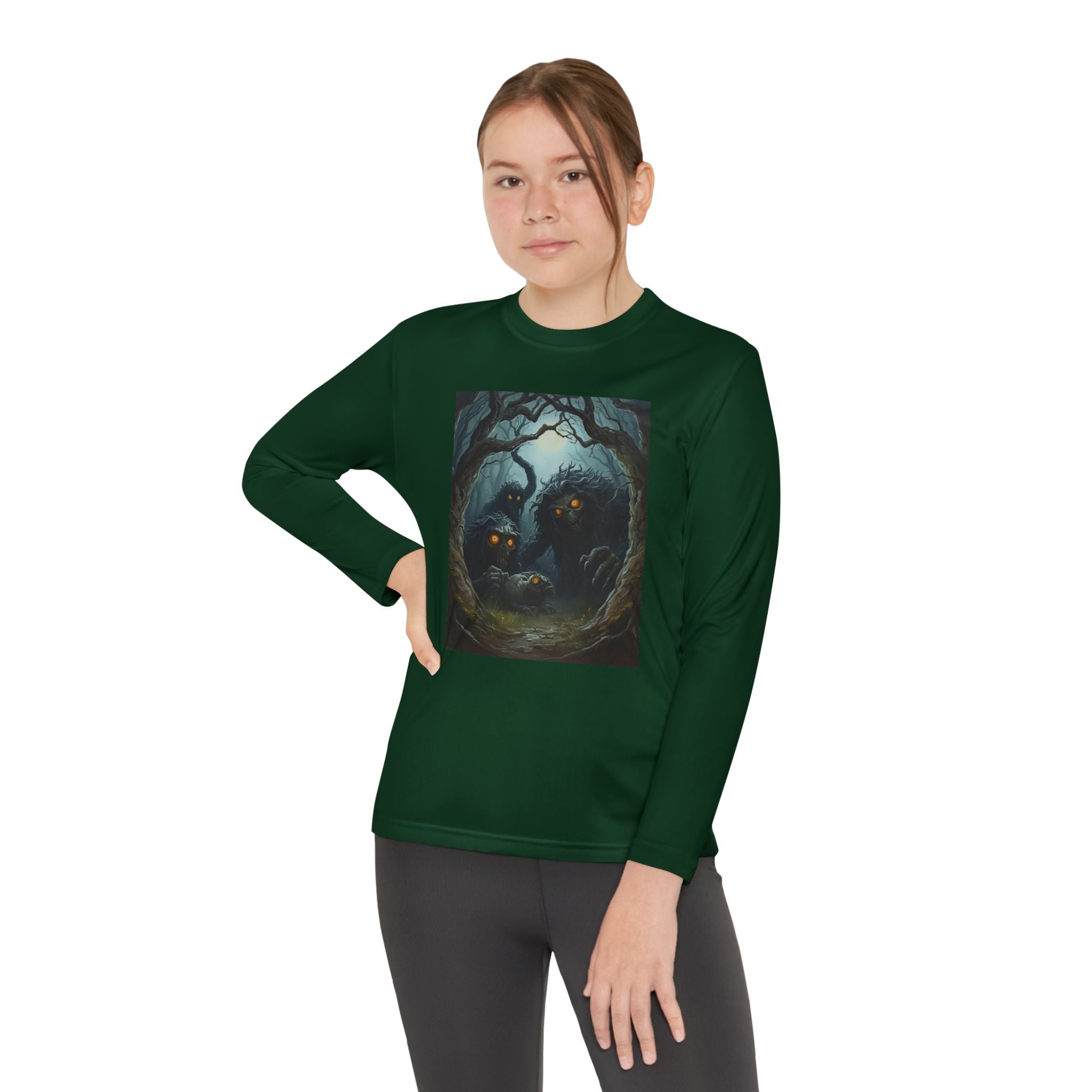 Spooky Forest Creatures Youth Long Sleeve Tee with Enchanted Forest Design, Comfortable Unisex T-Shirt for All Seasons, Perfect for Halloween and Nature Lovers