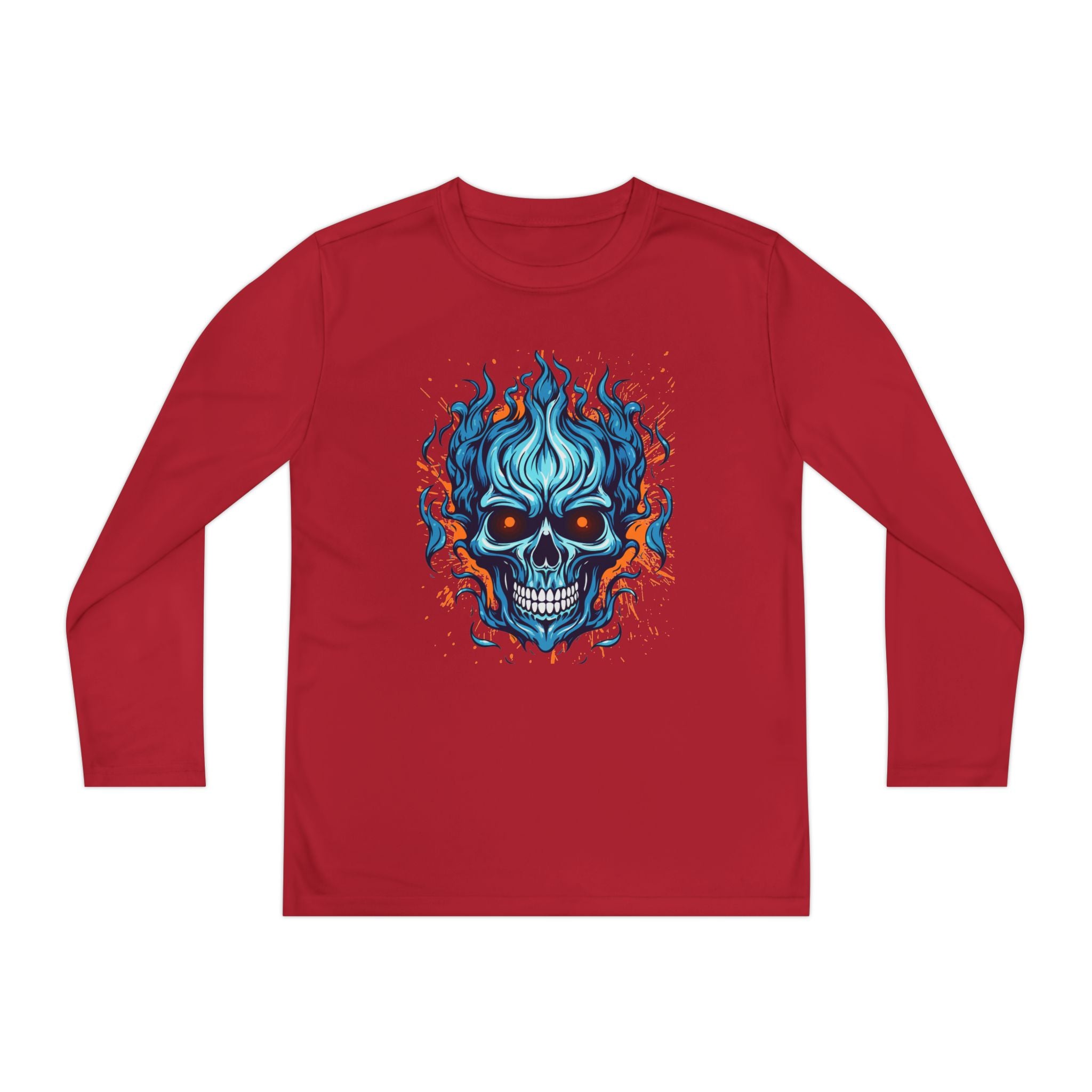 Skull Flame Youth Long Sleeve Skull Tee, Perfect for Halloween, Edgy Gift for Teens, Cozy Casual Wear, Skull Art Graphic Tee, Unique Birthday Present