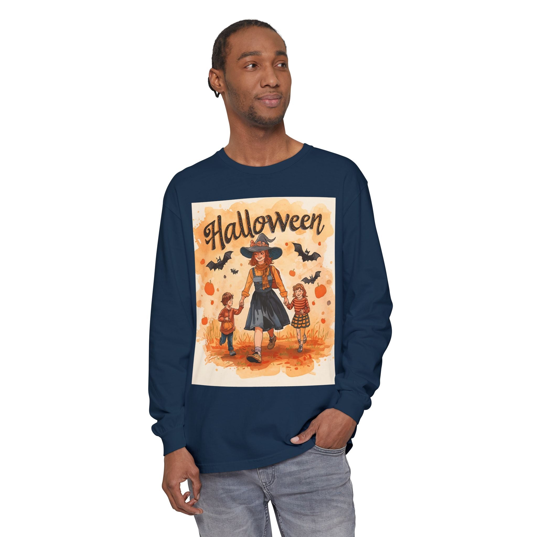 Halloween Themed Mom And Children Unisex Garment-dyed Long Sleeve T-Shirt