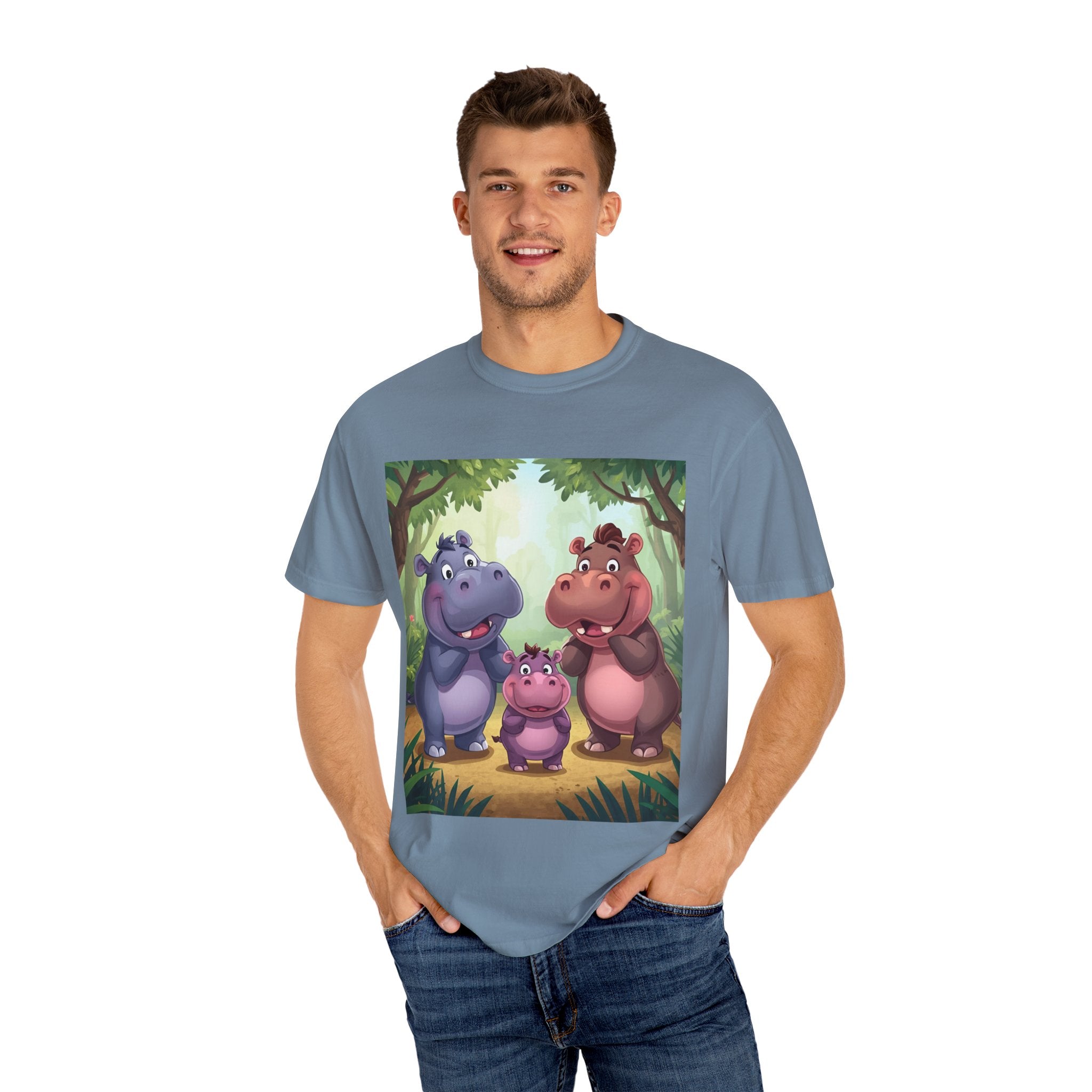 Cute Hippo Family T-Shirt, Unisex Garment-Dyed Tee, Animal Lovers Gift, Kids & Adults, Birthday, Family Reunion, Casual Wear