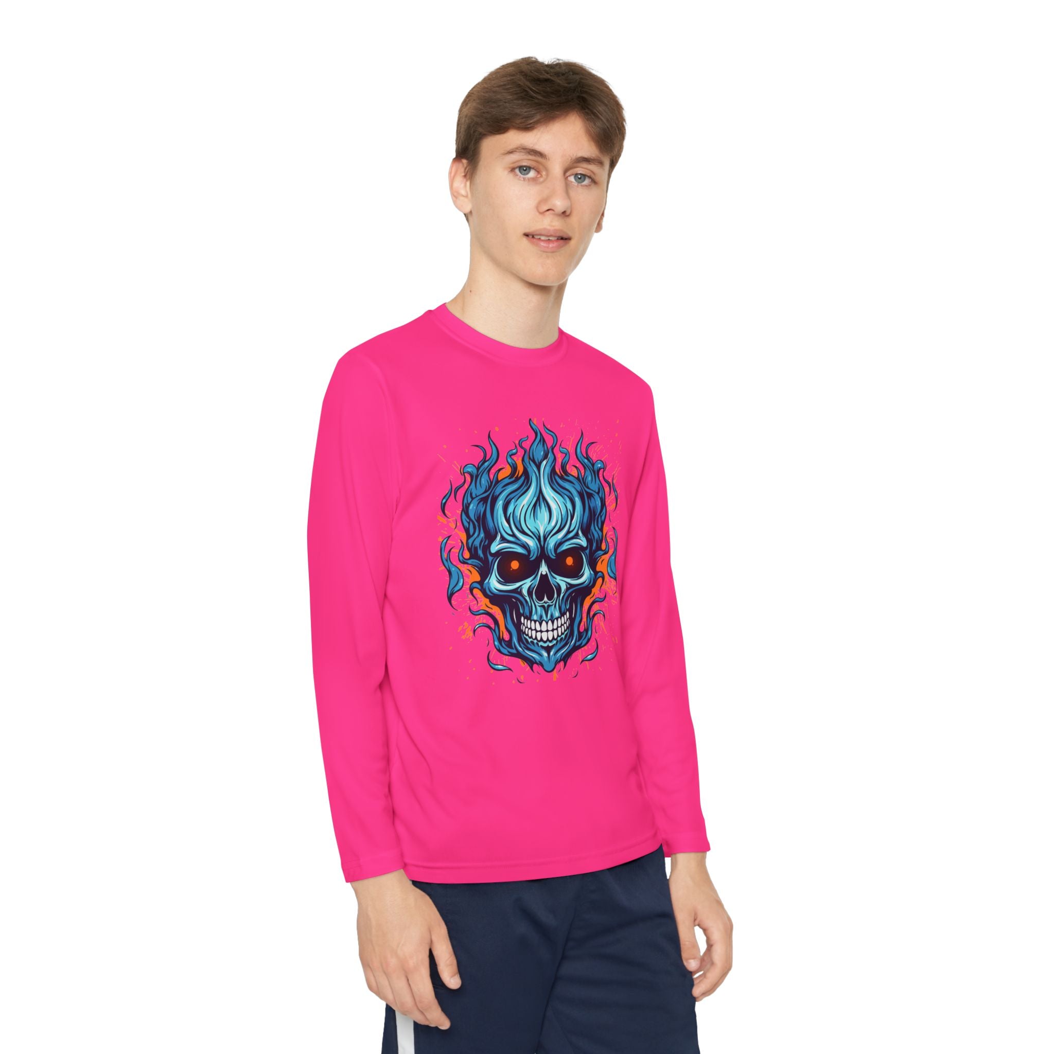 Skull Flame Youth Long Sleeve Skull Tee, Perfect for Halloween, Edgy Gift for Teens, Cozy Casual Wear, Skull Art Graphic Tee, Unique Birthday Present