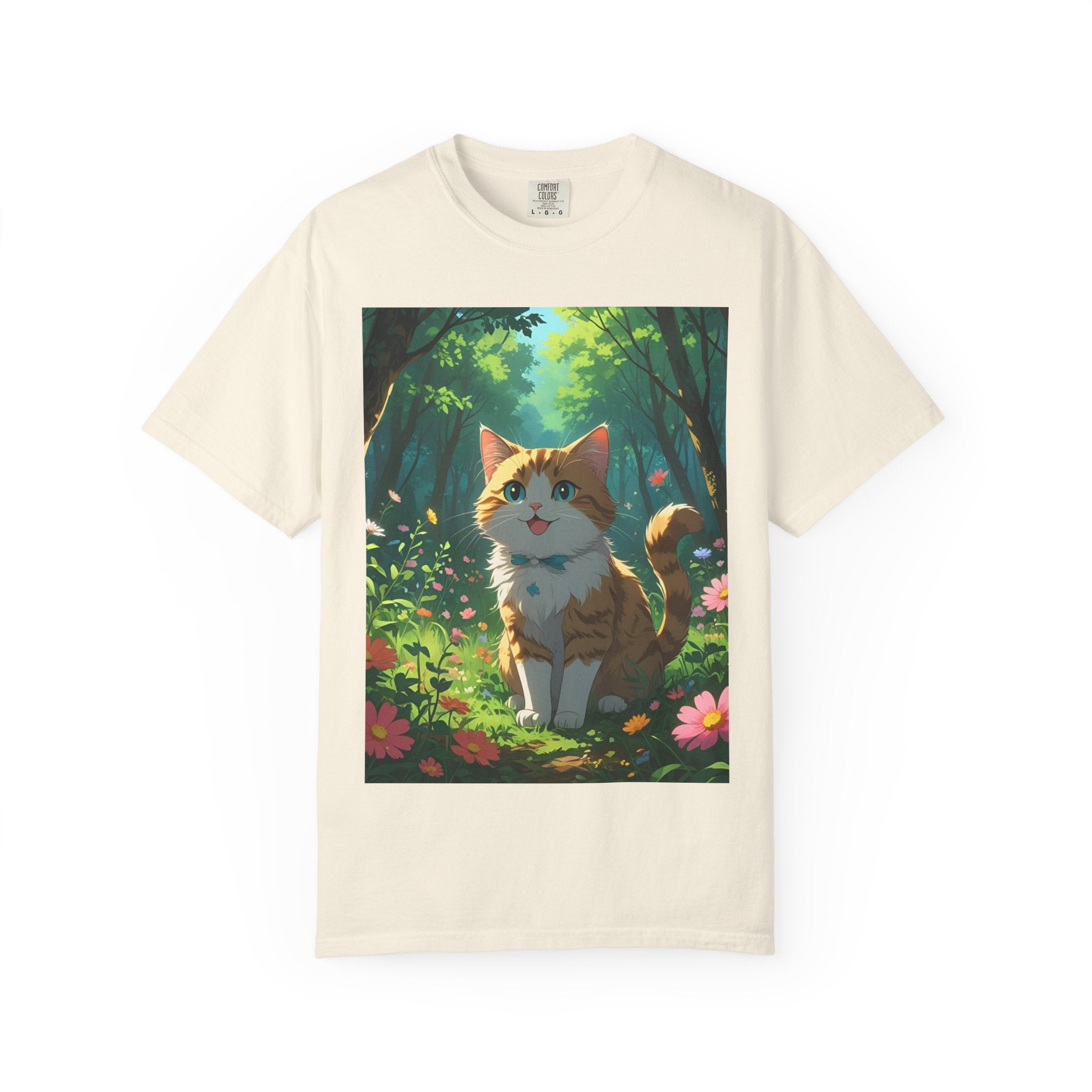 Whimsical Cat In Forest T-Shirt | Nature Lover Gift, Cute Pet Shirt, Animal Art Tee, Summer Outfit, Eco-Friendly Fashion