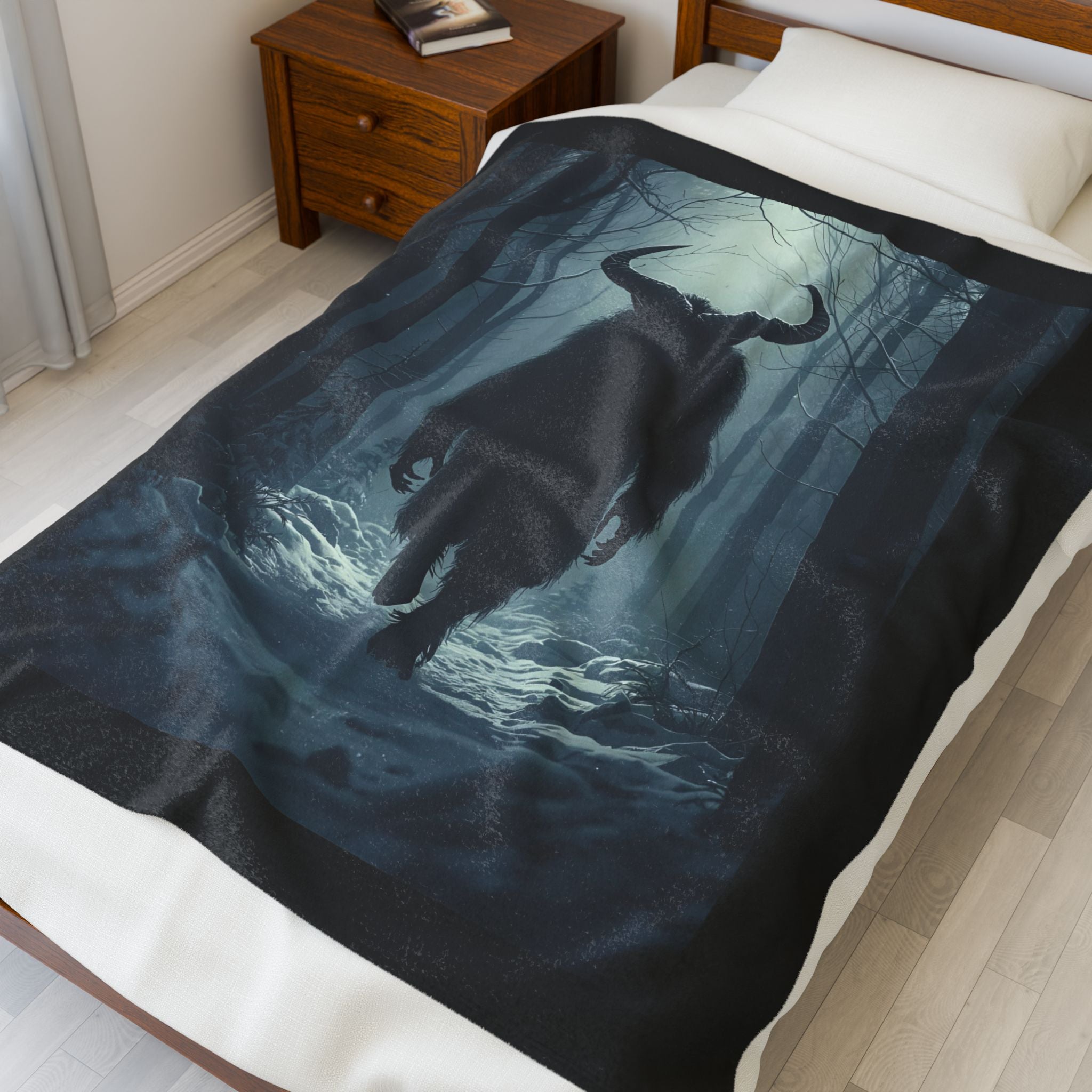 Spooky Mysterious Forest Snow Creature Velveteen Plush Blanket, Cozy Gift for Nature Lovers, Fantasy Decor, Snuggle Throw Blanket, Unique Home Accent