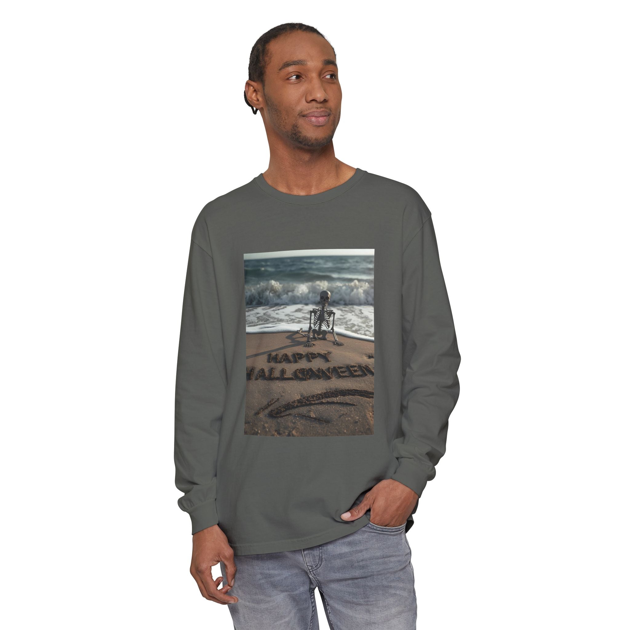Happy Halloween Beach Skeleton Vibes Unisex Garment-dyed Long Sleeve T-Shirt