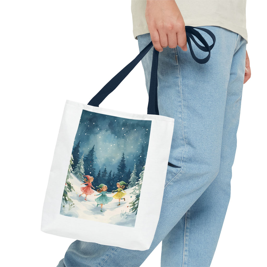 Winter Wonderland Tote Bag, Cute Girls Playing in Snow, AOP Design, Perfect for Gifts, Seasonal Bag, Eco-Friendly Shopping