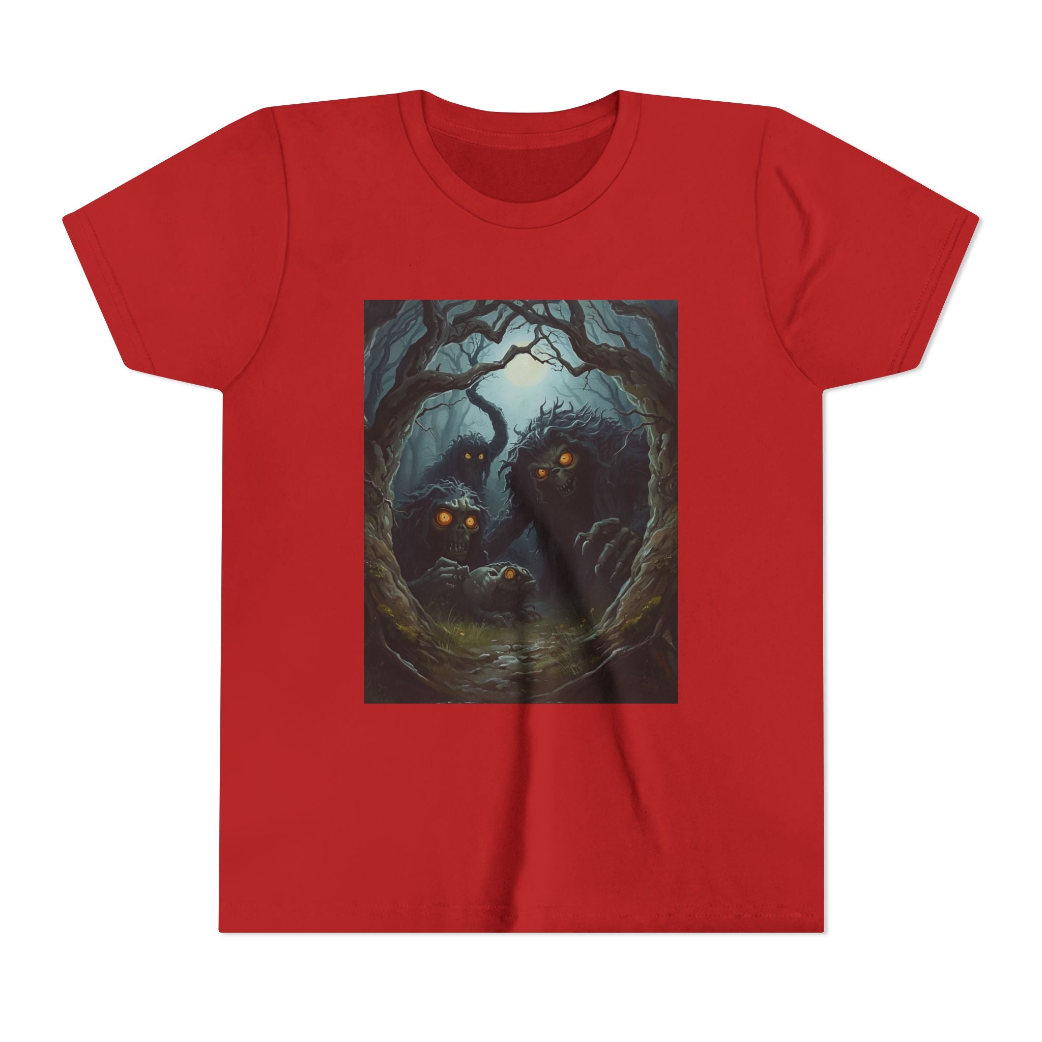 Spooky Mystical Forest Creatures Youth Tee, Cool Graphic T-Shirt, Kids Nature Shirt, Unique Gift for Boys & Girls, Perfect for Halloween