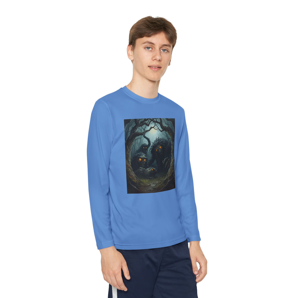 Spooky Forest Creatures Youth Long Sleeve Tee with Enchanted Forest Design, Comfortable Unisex T-Shirt for All Seasons, Perfect for Halloween and Nature Lovers