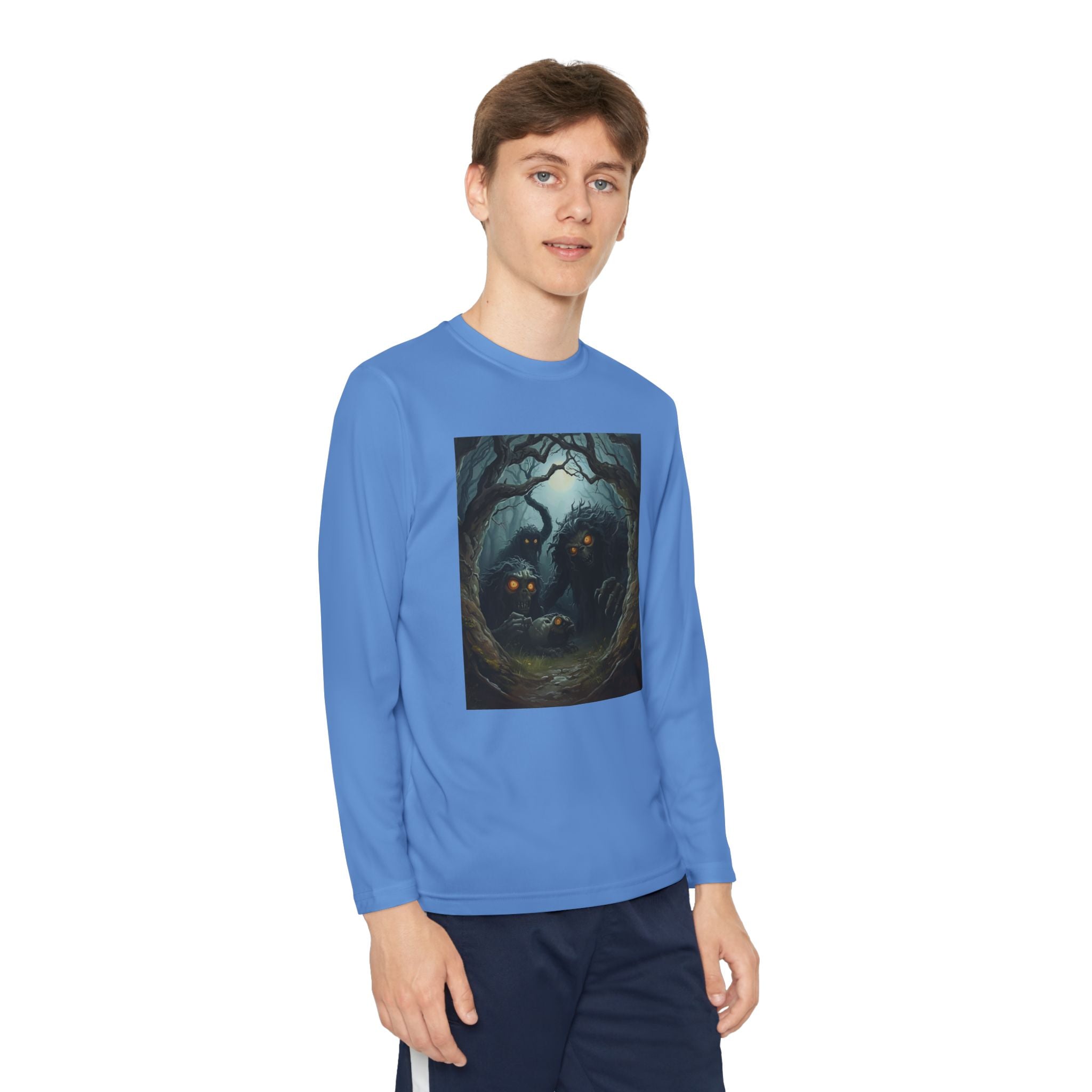 Spooky Forest Creatures Youth Long Sleeve Tee with Enchanted Forest Design, Comfortable Unisex T-Shirt for All Seasons, Perfect for Halloween and Nature Lovers