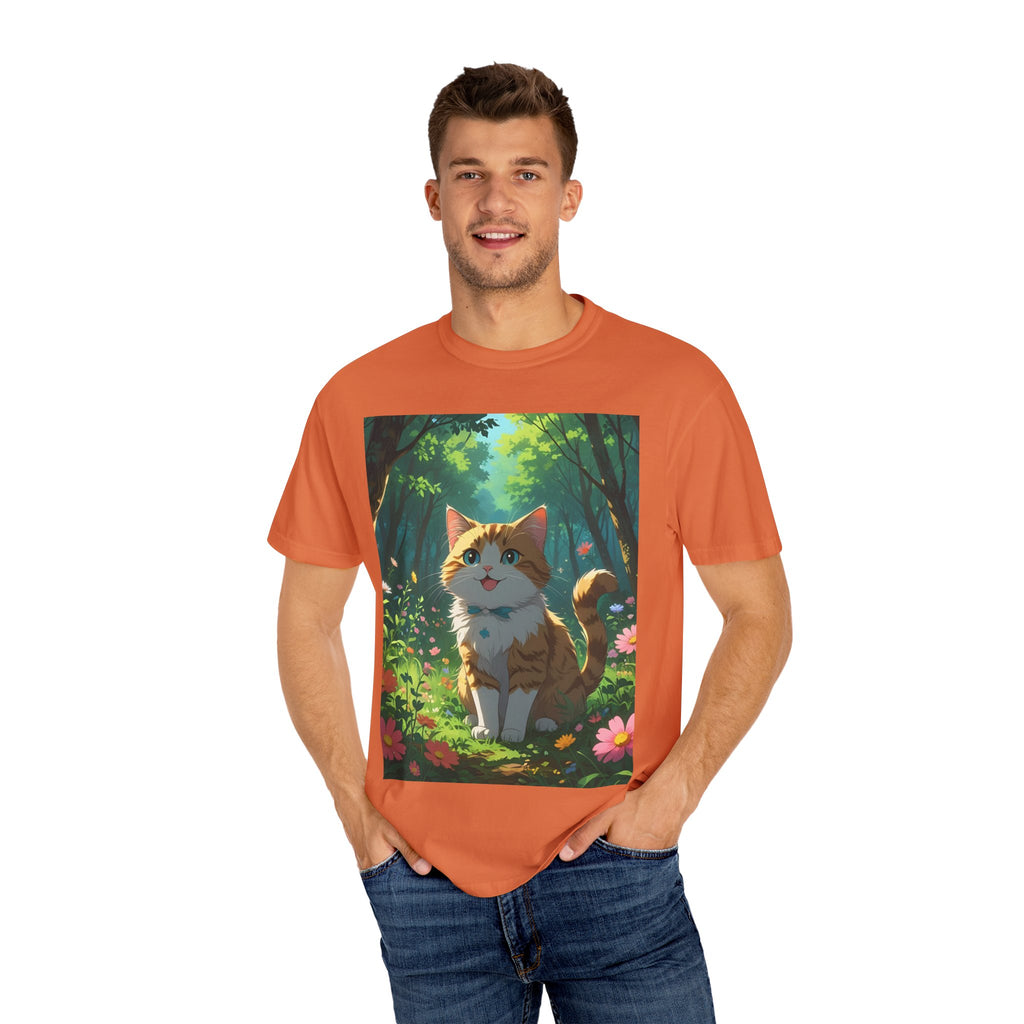 Whimsical Cat In Forest T-Shirt | Nature Lover Gift, Cute Pet Shirt, Animal Art Tee, Summer Outfit, Eco-Friendly Fashion