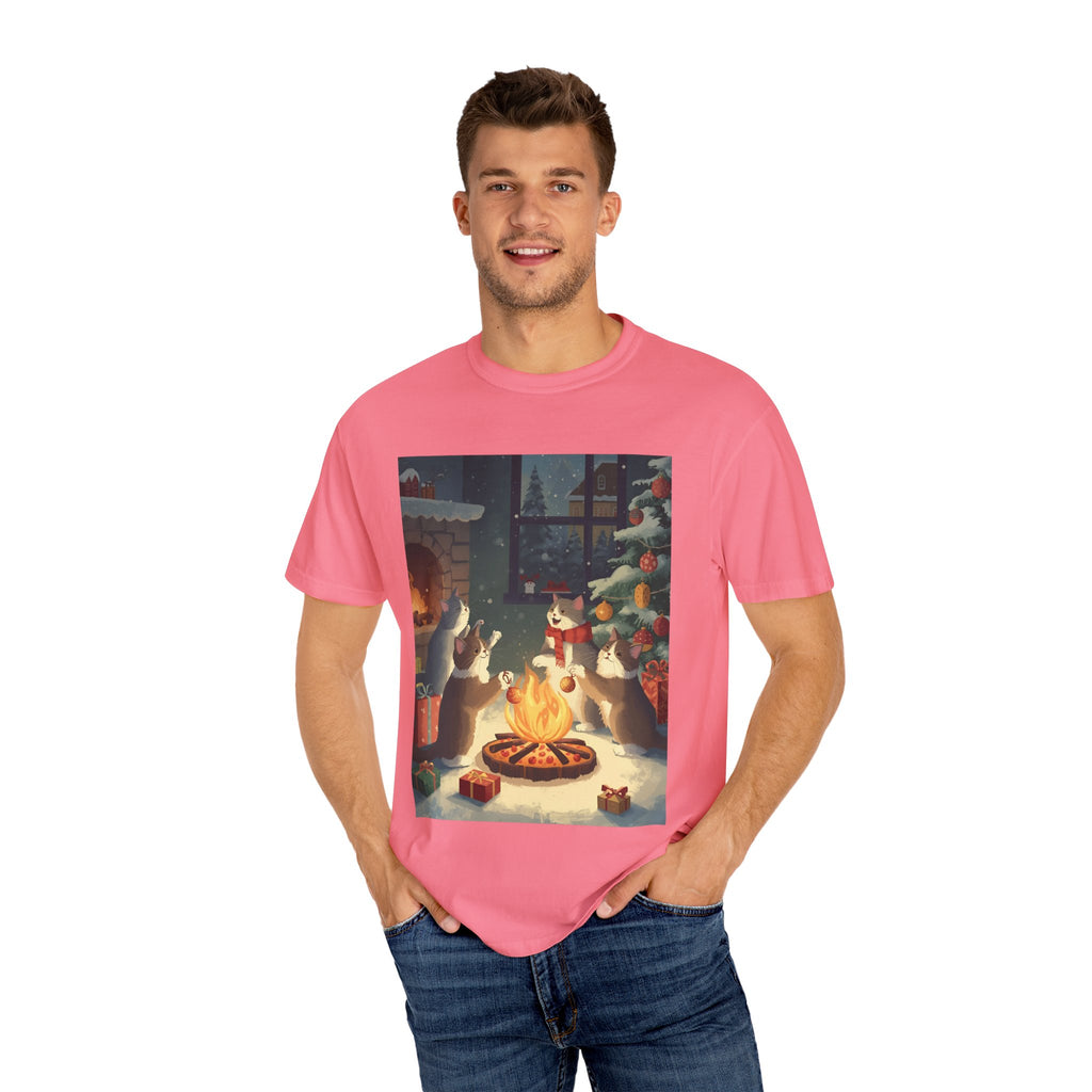 Cozy Cat Campfire T-shirt, Unisex Garment-Dyed Tee, Holiday Gift, Cat Lover Gift, Cute Winter T-shirt, Cozy Nightwear, Christmas Shirt