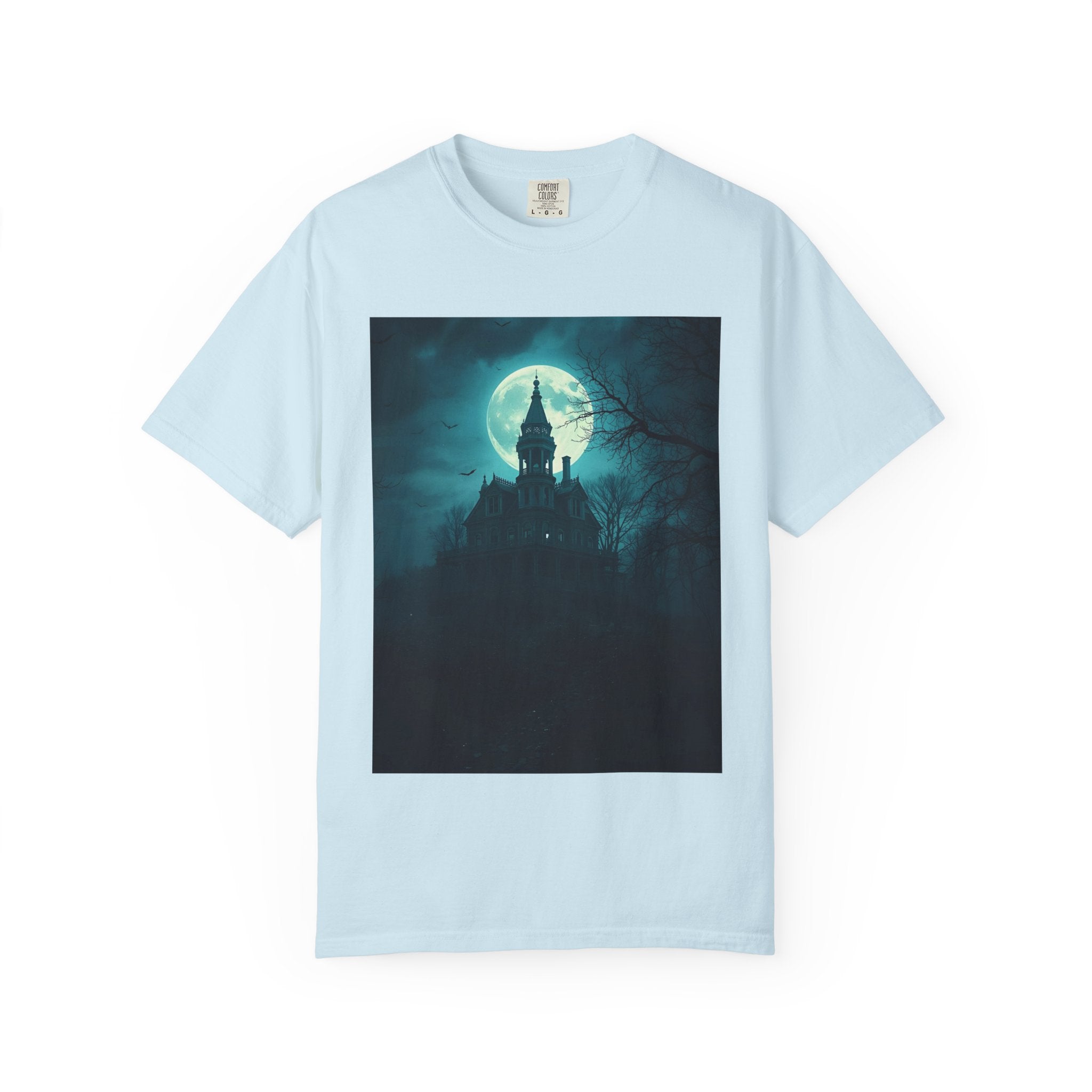 Haunted Moonlight Spooky Castle Graphic Tee | Unisex Garment-Dyed T-shirt, Halloween Shirt, Graphic Tee, Casual Wear, Gift for Ghost Lovers