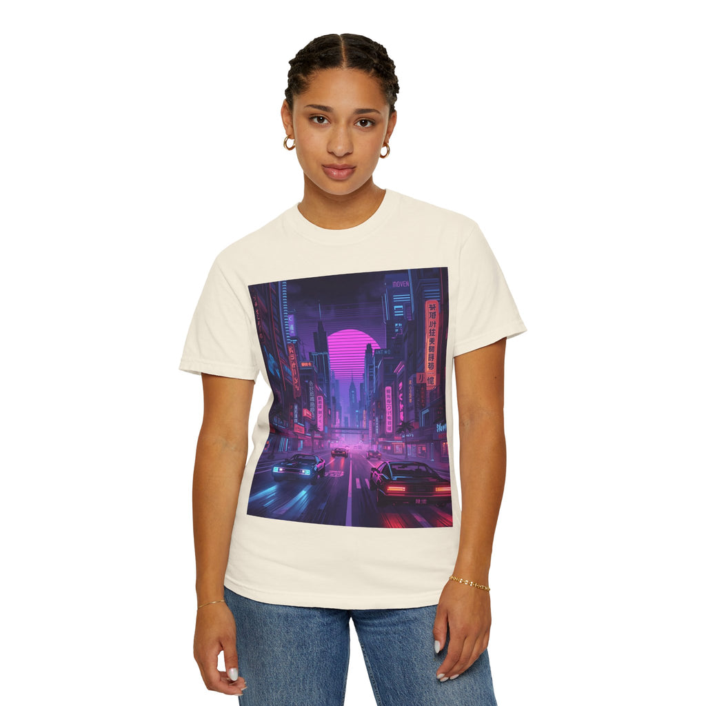 Futuristic Neon Cityscape T-Shirt, Retro Graphic Tee, Unisex Streetwear, Urban Vibe Shirt, Gift for Gamers, Summer Outfit
