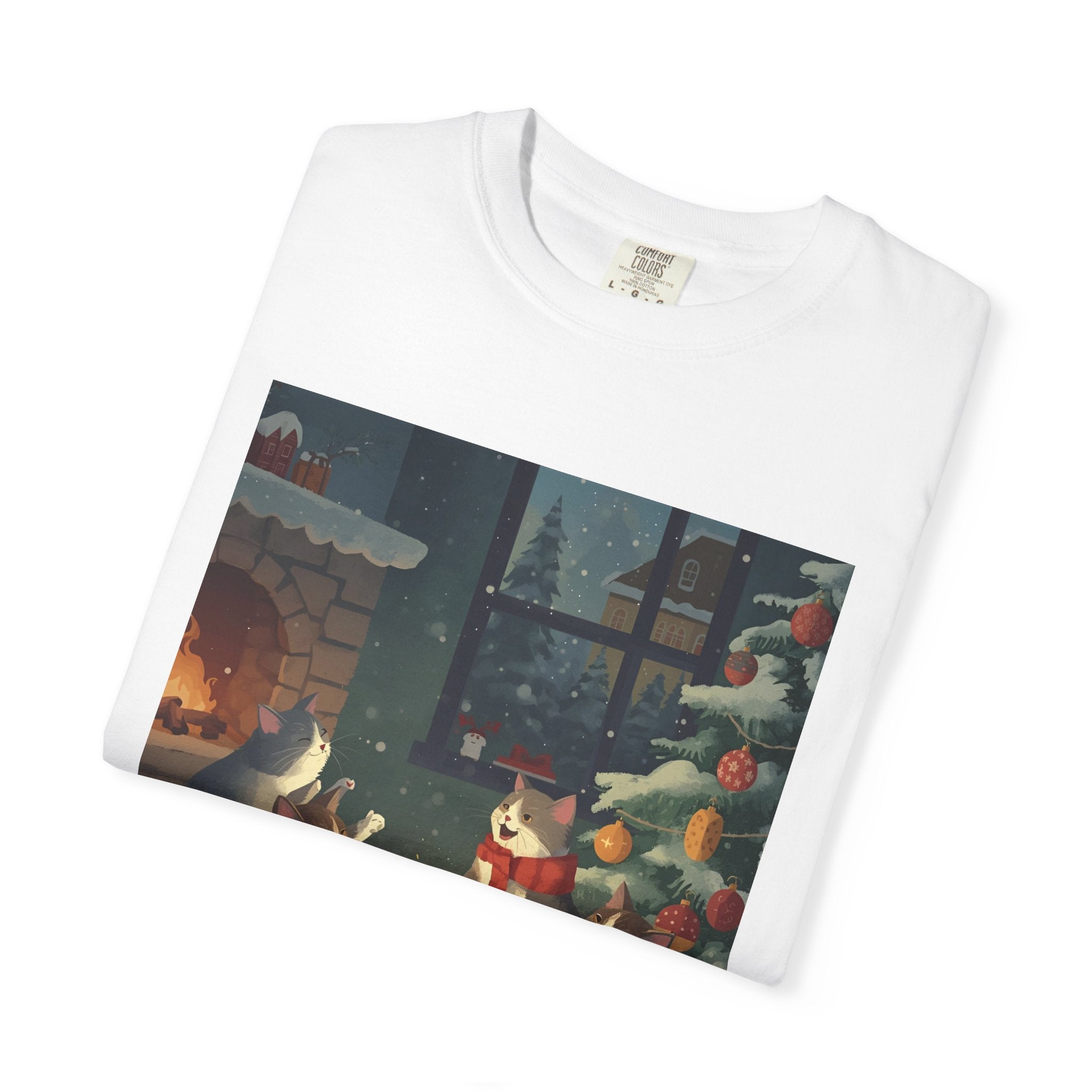 Cozy Cat Campfire T-shirt, Unisex Garment-Dyed Tee, Holiday Gift, Cat Lover Gift, Cute Winter T-shirt, Cozy Nightwear, Christmas Shirt