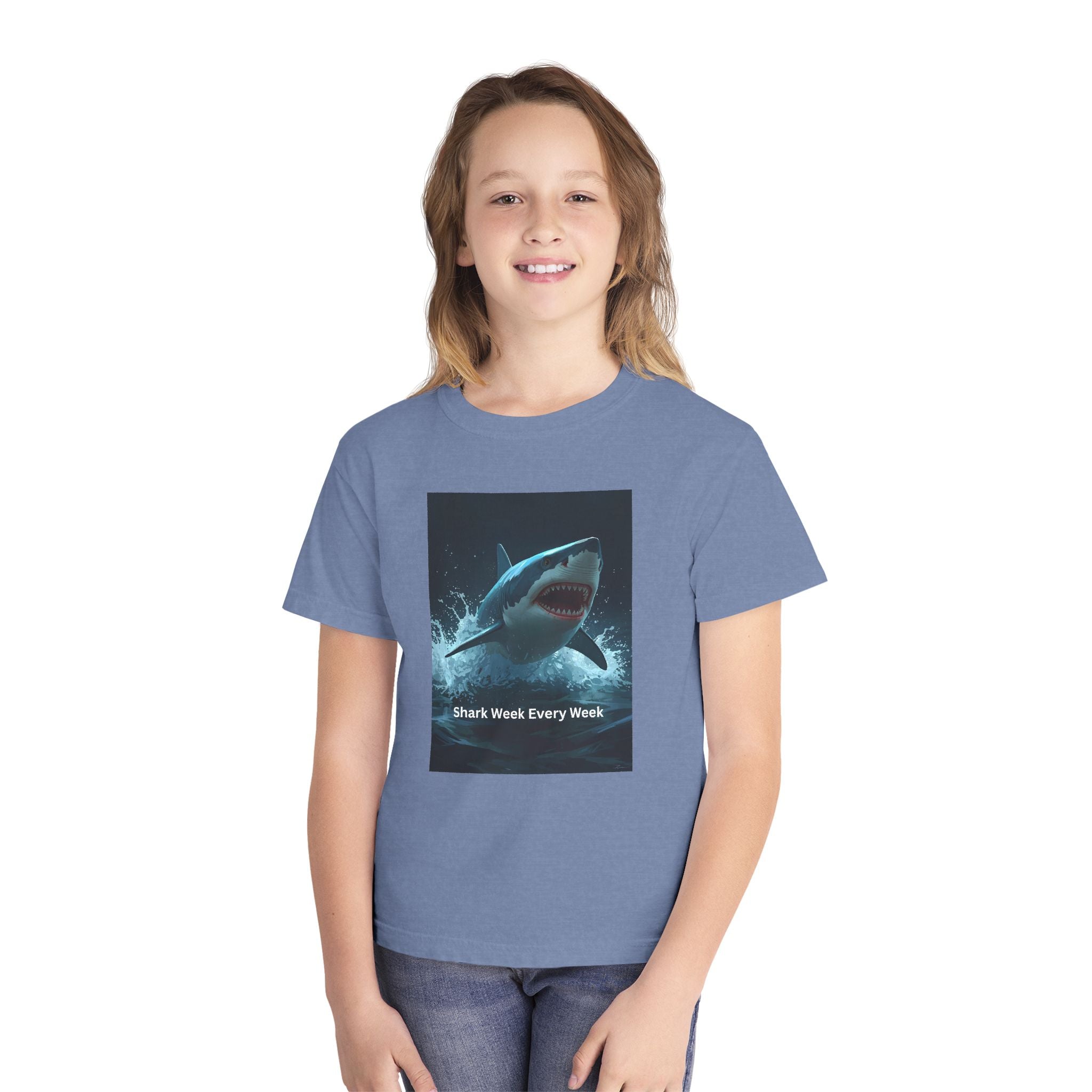 Shark Week Youth Tee, Fun Shark Graphic Shirt, Kids Summer Apparel, Ocean Lover Gift, Beach Party Clothing