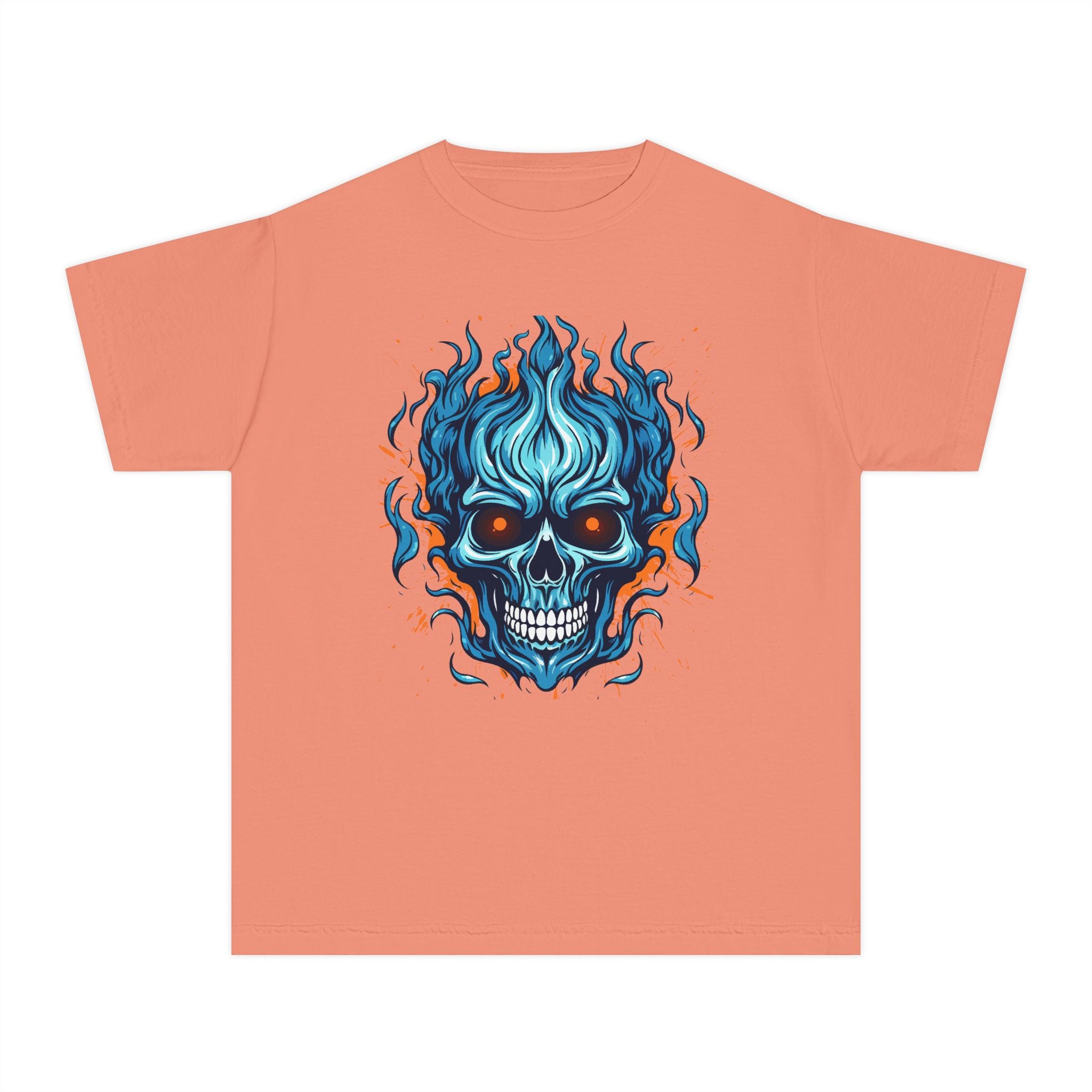 Skull Flame Youth Graphic Skull Tee, Cool Teen Fashion, Edgy Summer Wear, Halloween Costume, Unique Gift for Kids, Casual Everyday Style