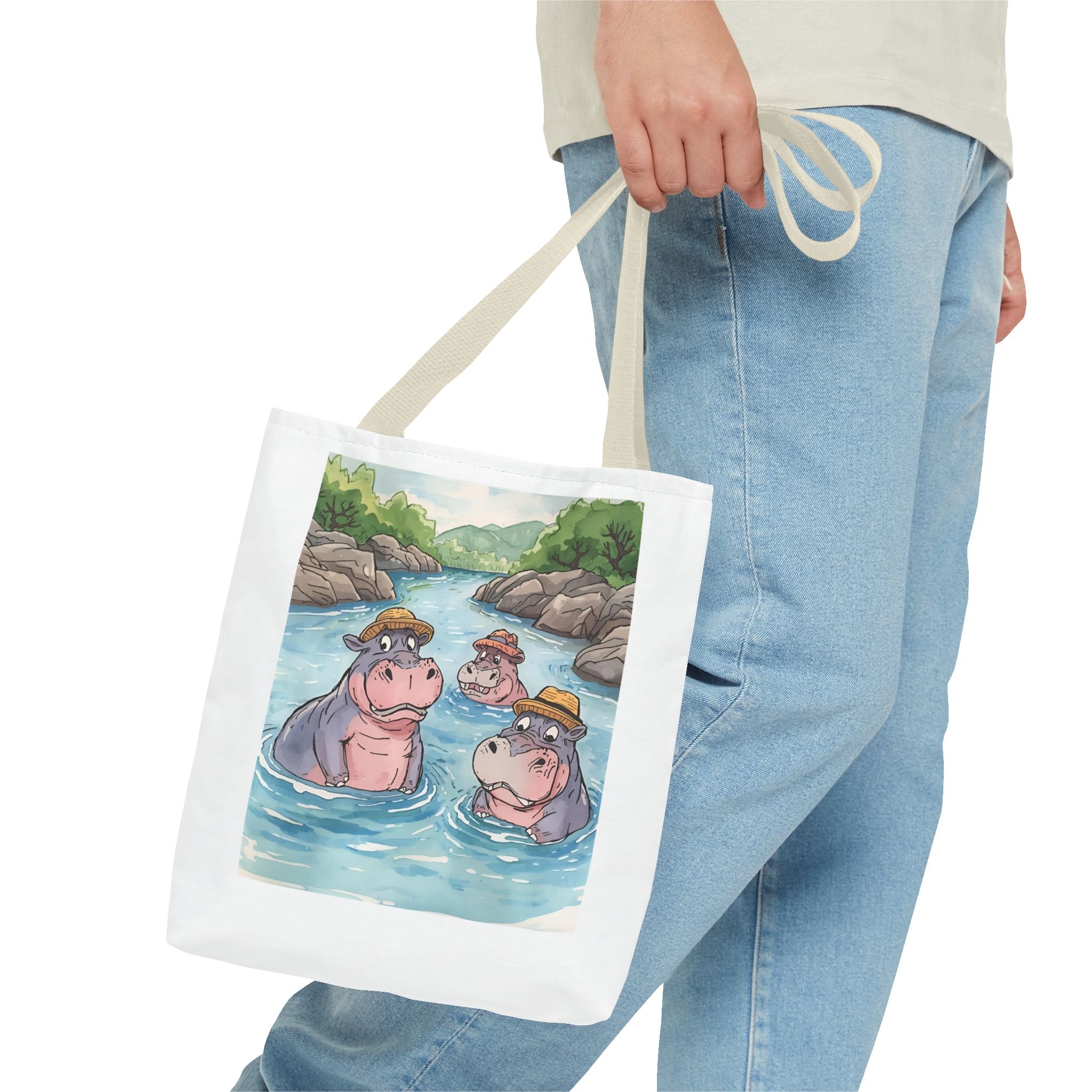 Playful Hippo Tote Bag, Fun Watercolor Tote, Animal Lover Gift, Eco-Friendly Shopping Bag, Cute Beach Bag, Summer Accessories