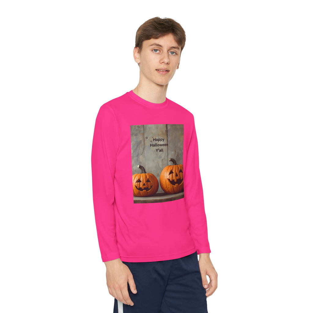 Youth Halloween Pumpkin Long Sleeve Tee, Funny Halloween Shirt, Kids Pumpkin Tee, Fall Celebration Top, Spooky Season Apparel