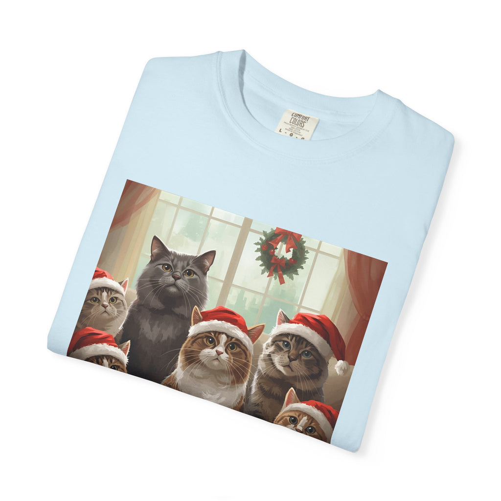 Cute Festive Funny Christmas Cat T-Shirt, Holiday Gift for Cat Lovers, Cute Tee for Winter, Unisex Garment-Dyed Shirt, Christmas Apparel, Festive Outfit