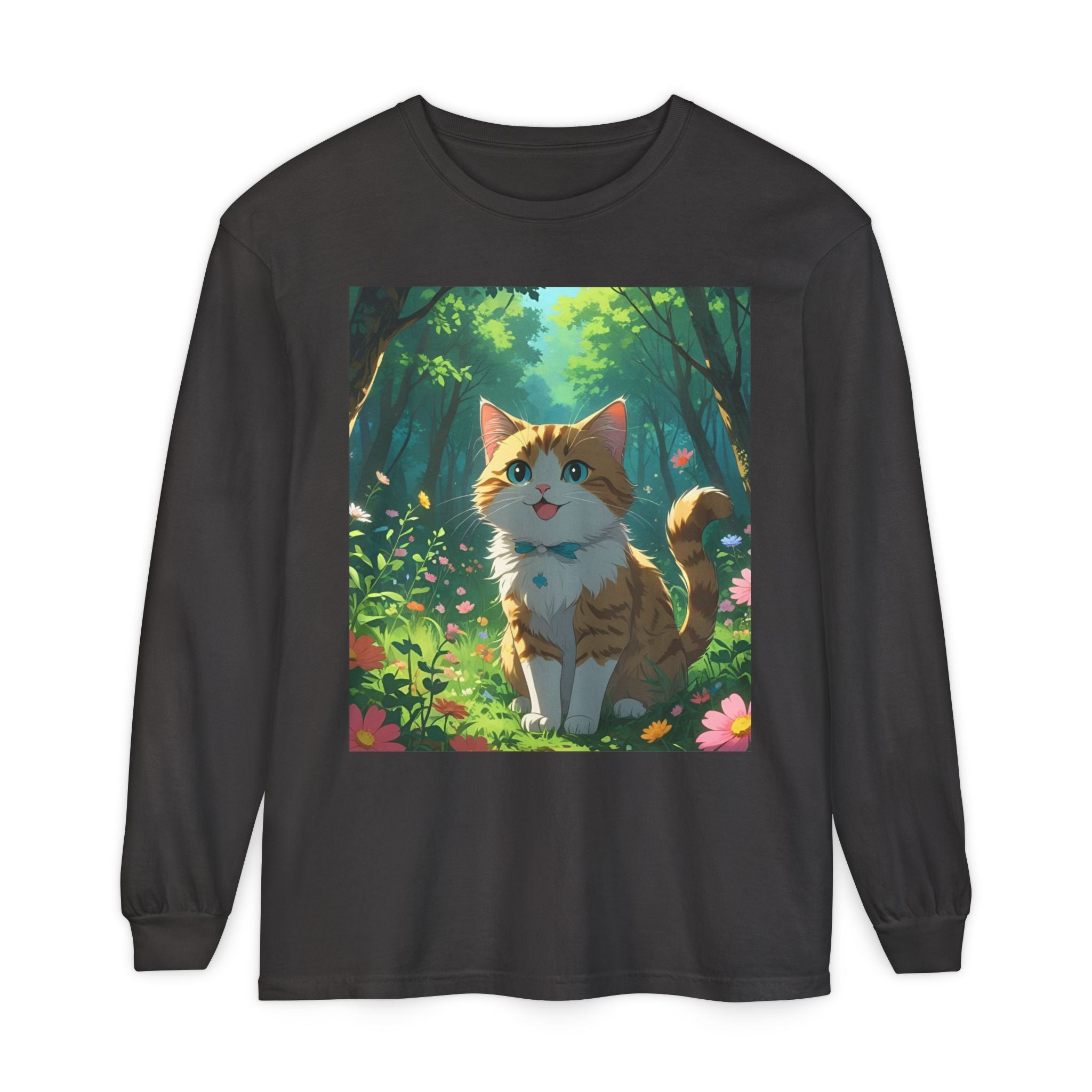 Whimsical Cat In Forest Long Sleeve T-Shirt - Perfect for Cat Lovers, Nature Enthusiasts, Gifts, Cozy Wear, Everyday Style
