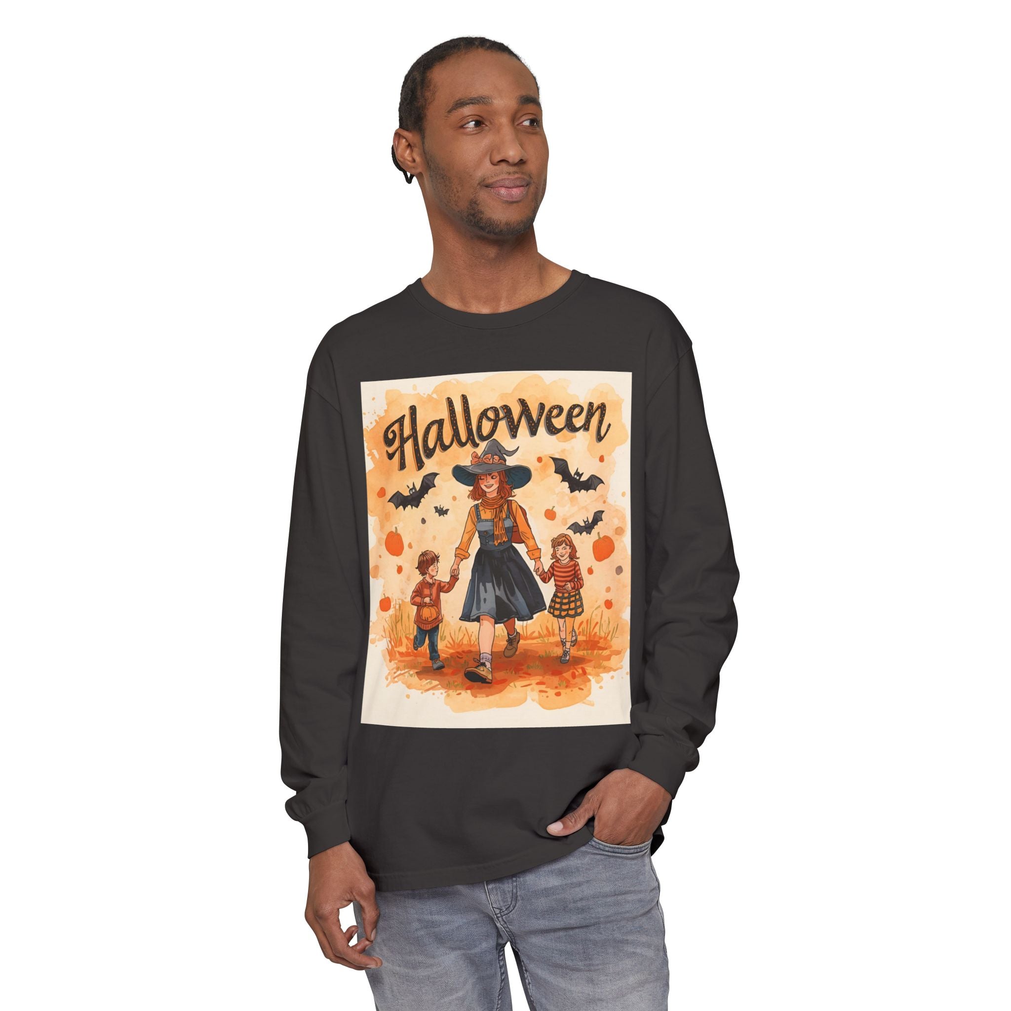 Halloween Themed Mom And Children Unisex Garment-dyed Long Sleeve T-Shirt