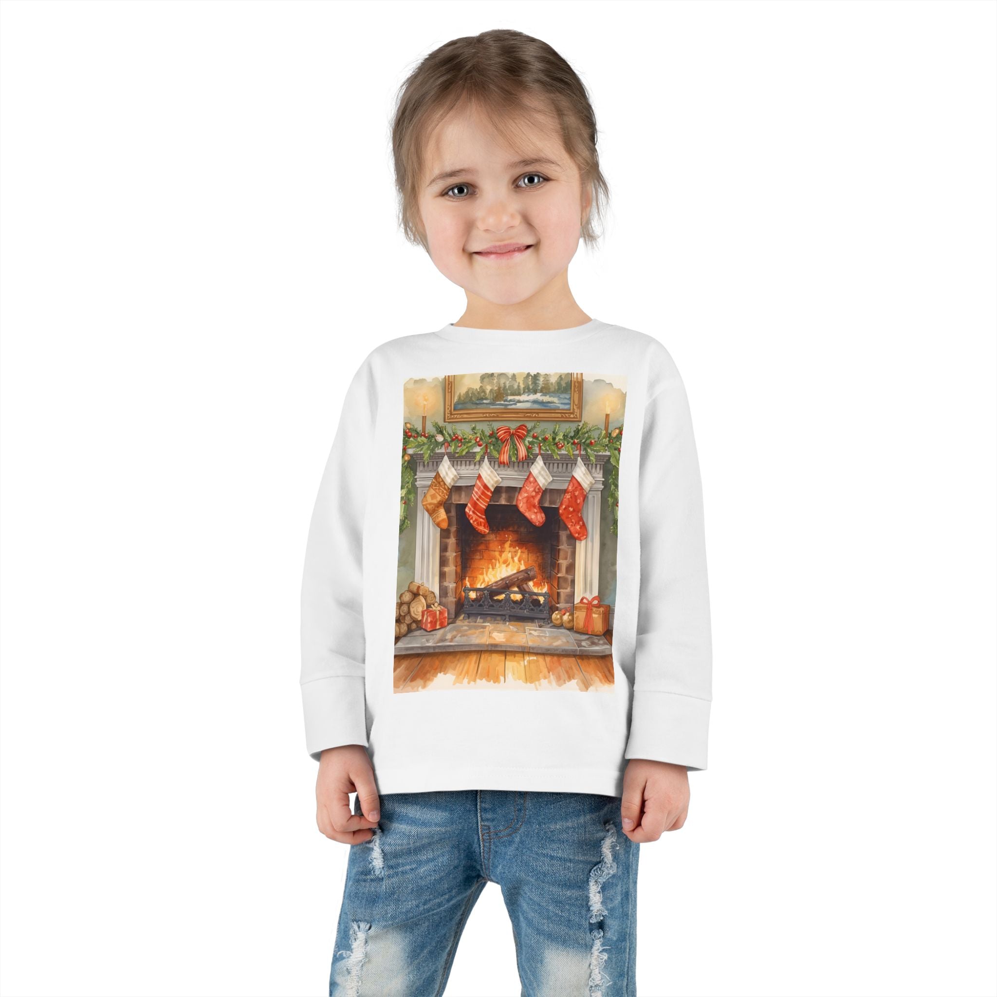Christmas Stocking Fireplace Toddler Long Sleeve Tee