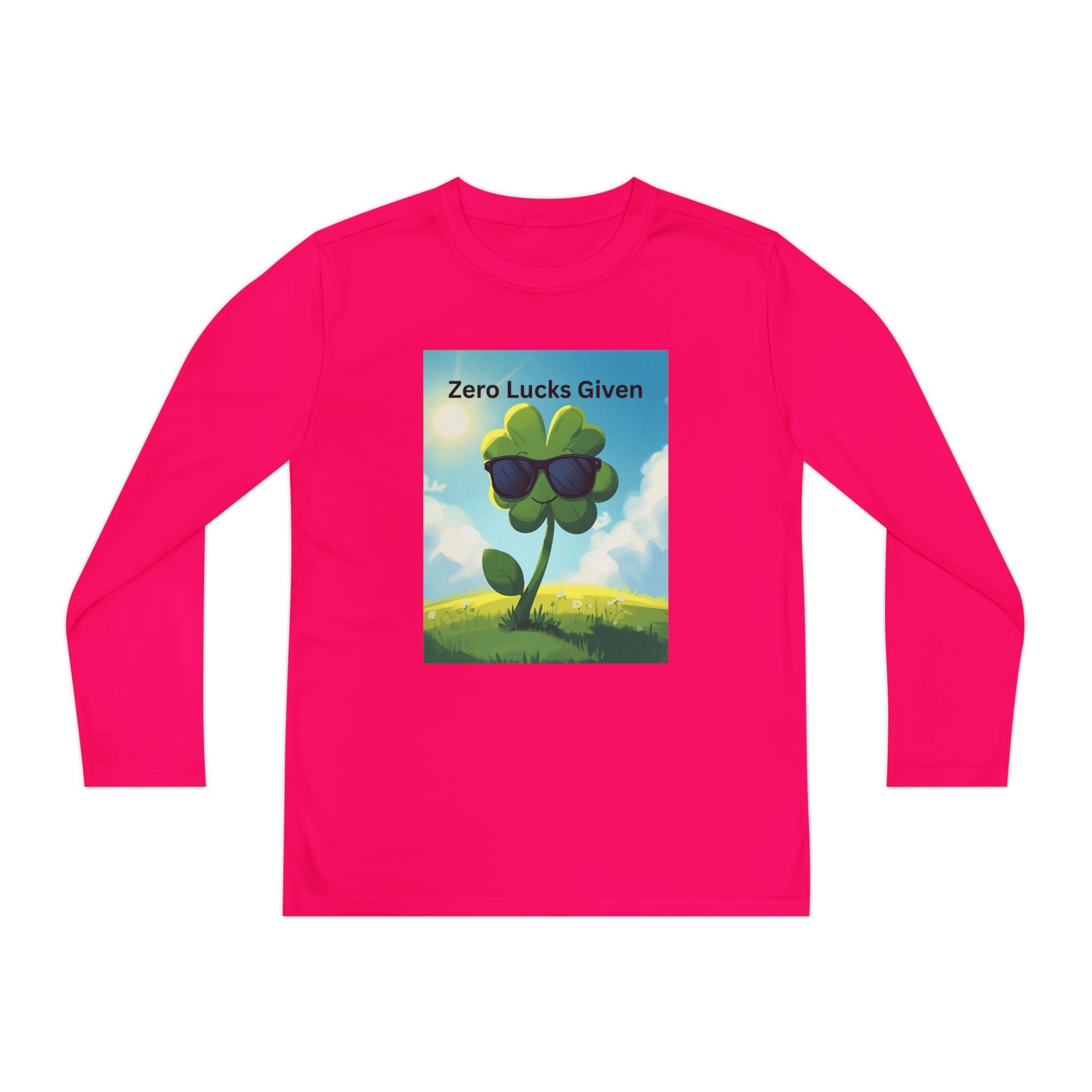 Zero Lucks Given Youth Long Sleeve Tee, Fun Graphic Shirt, Clover Print Top, Gift for Kids, Statement Tee, Birthday Gift