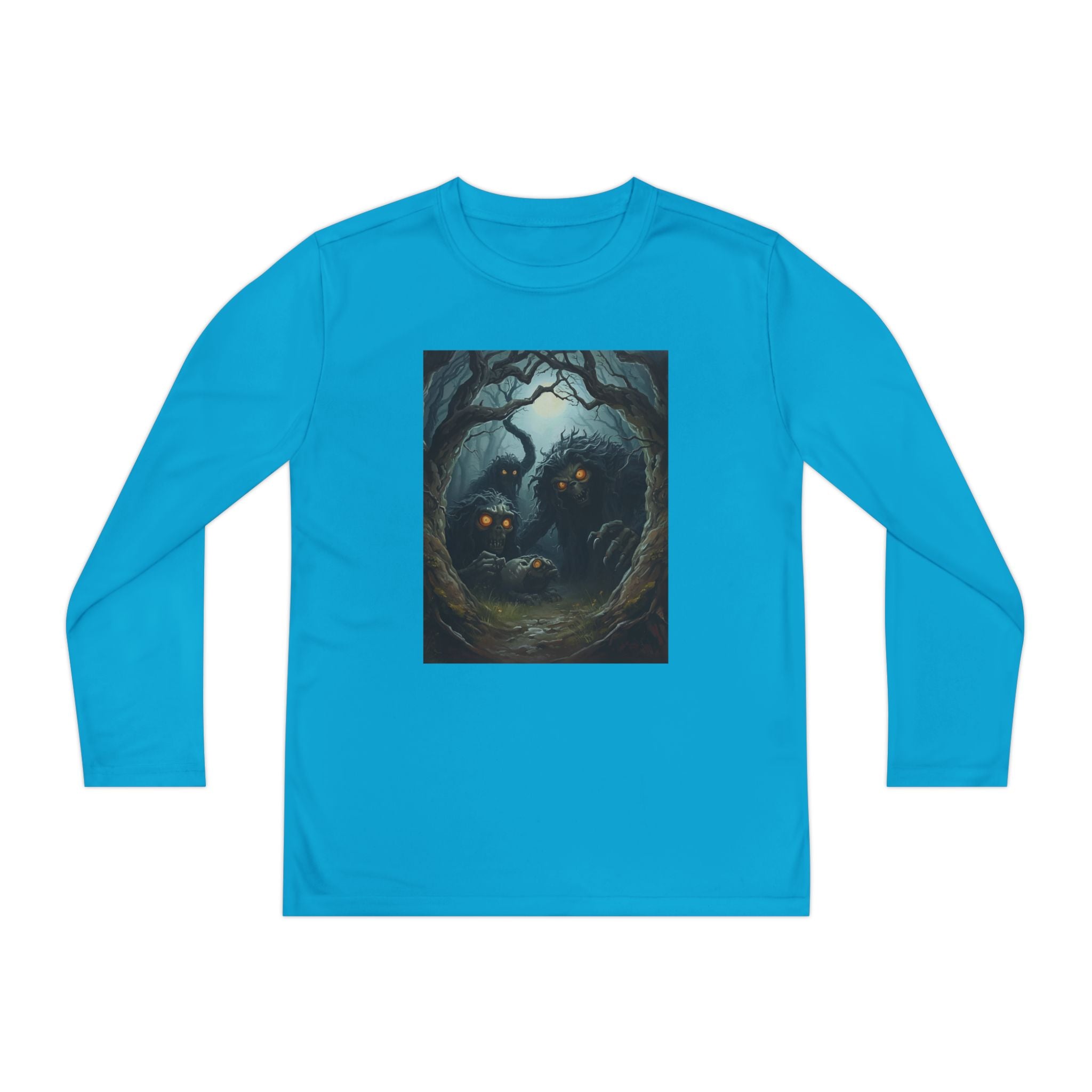 Spooky Forest Creatures Youth Long Sleeve Tee with Enchanted Forest Design, Comfortable Unisex T-Shirt for All Seasons, Perfect for Halloween and Nature Lovers