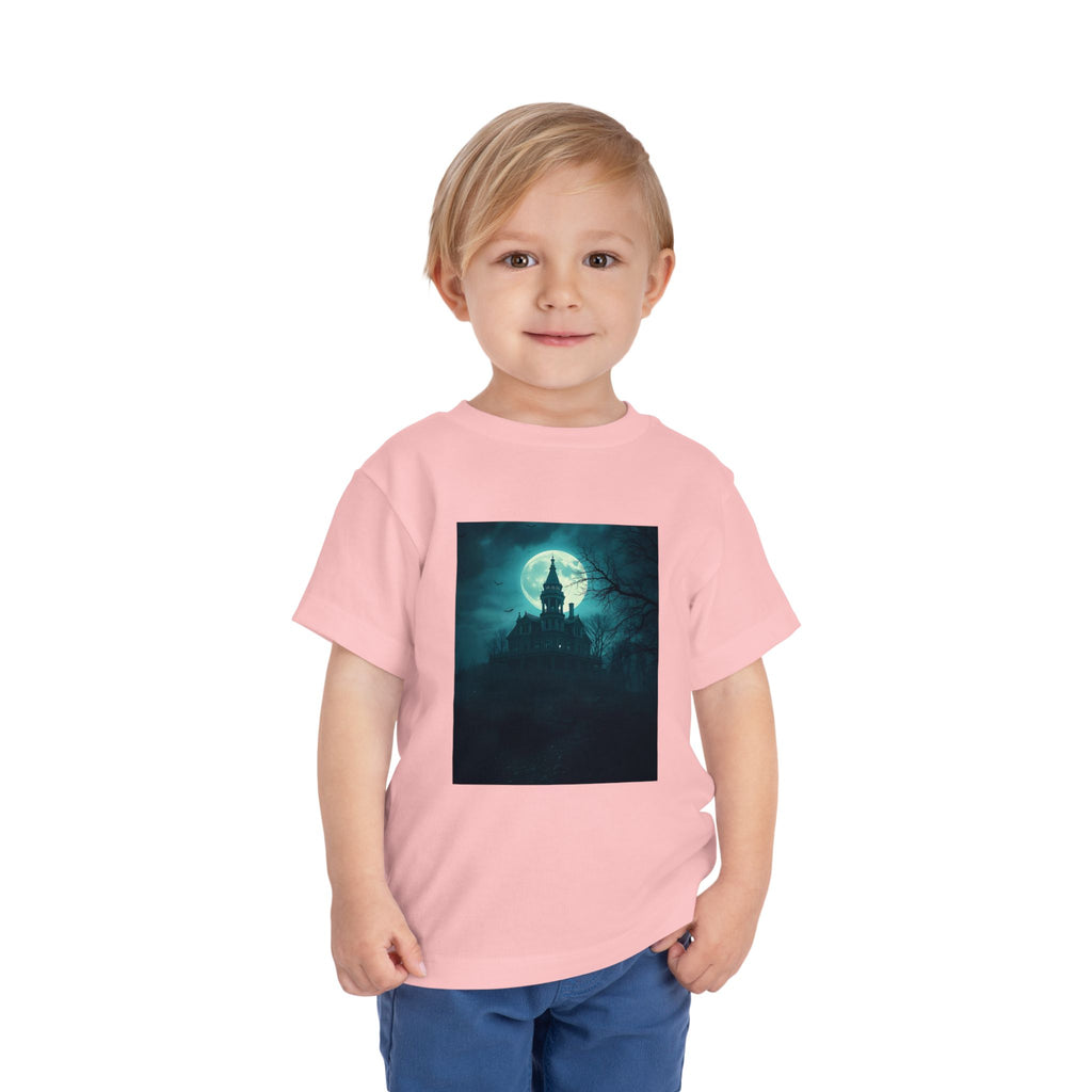 Haunted Moonlight Toddler Halloween Short Sleeve Tee, Ghostly Castle Shirt, Spooky Toddler Tee, Kids Halloween Costume Top, Fall Festivity Apparel