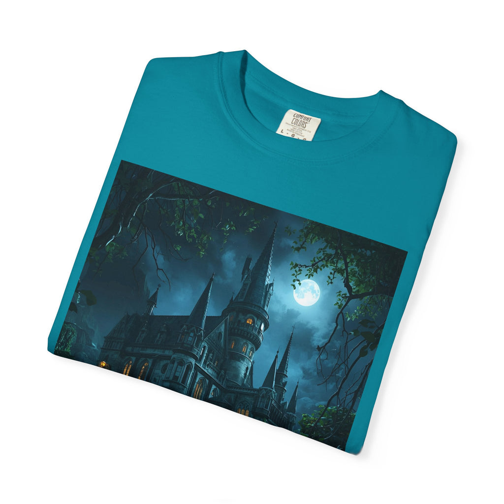 Mystical Night Scene Castle T-Shirt, Spooky Tees, Halloween Apparel, Gothic Style Shirt, Unisex Shirt, Nighttime Scene Tee