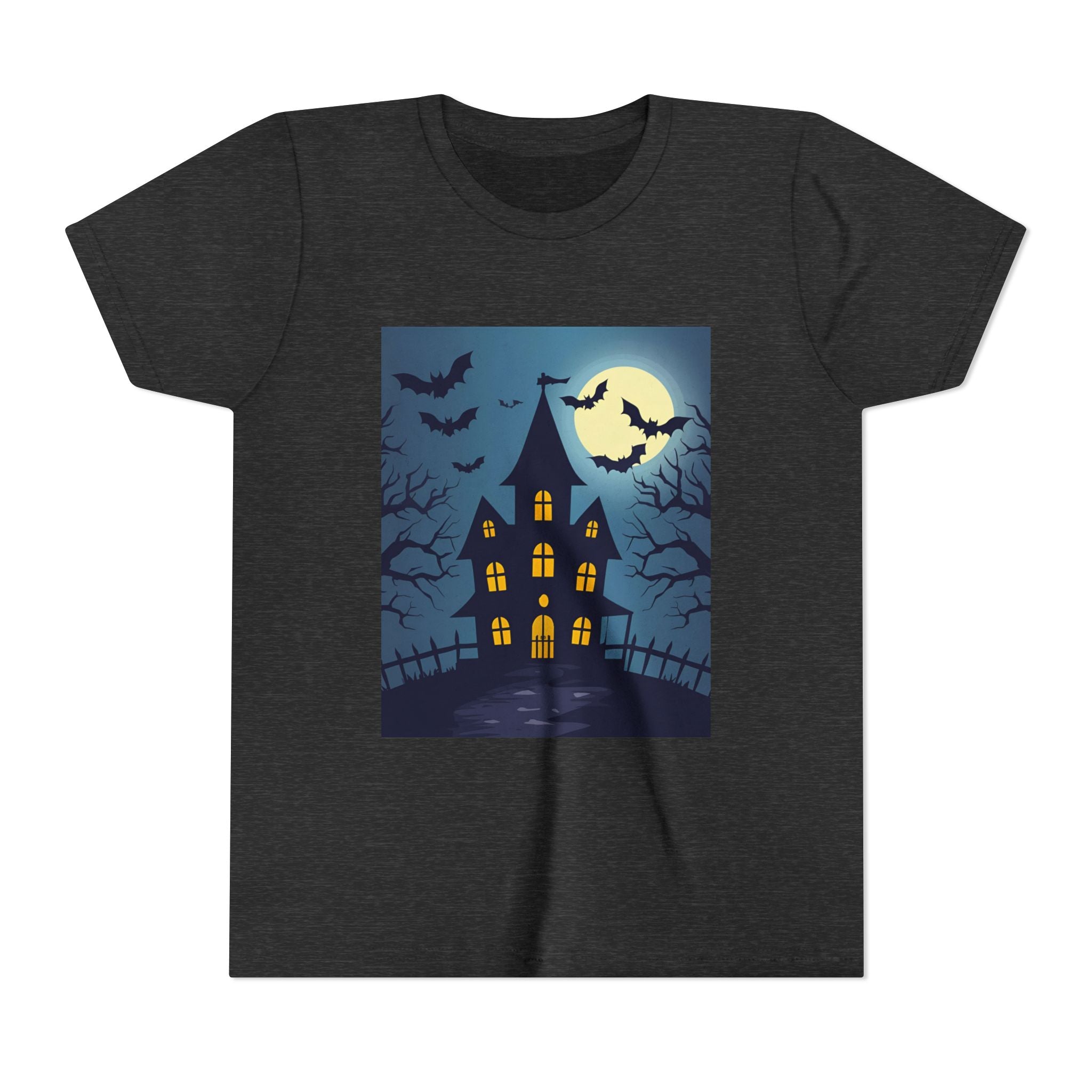 Spooky Halloween Haunted House Youth Tee, Kids Ghost T-Shirt, Haunted House Apparel, Bat Design Shirt, Trick or Treat Clothing