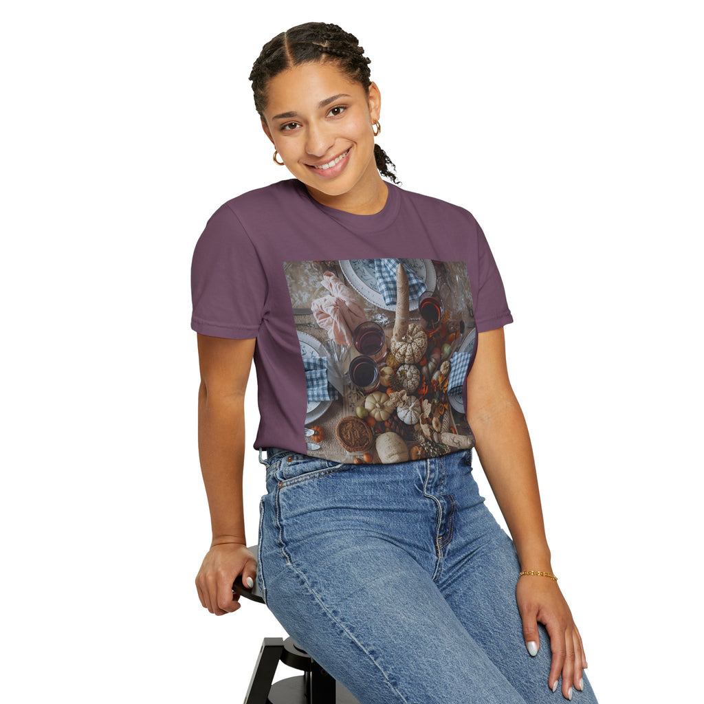 Rustic Gatherings Feast Unisex T-Shirt | Cozy Fall Apparel, Thanksgiving Casual Wear, Gift for Food Lovers, Unique Kitchen Decor, Autumn Gathering Tee