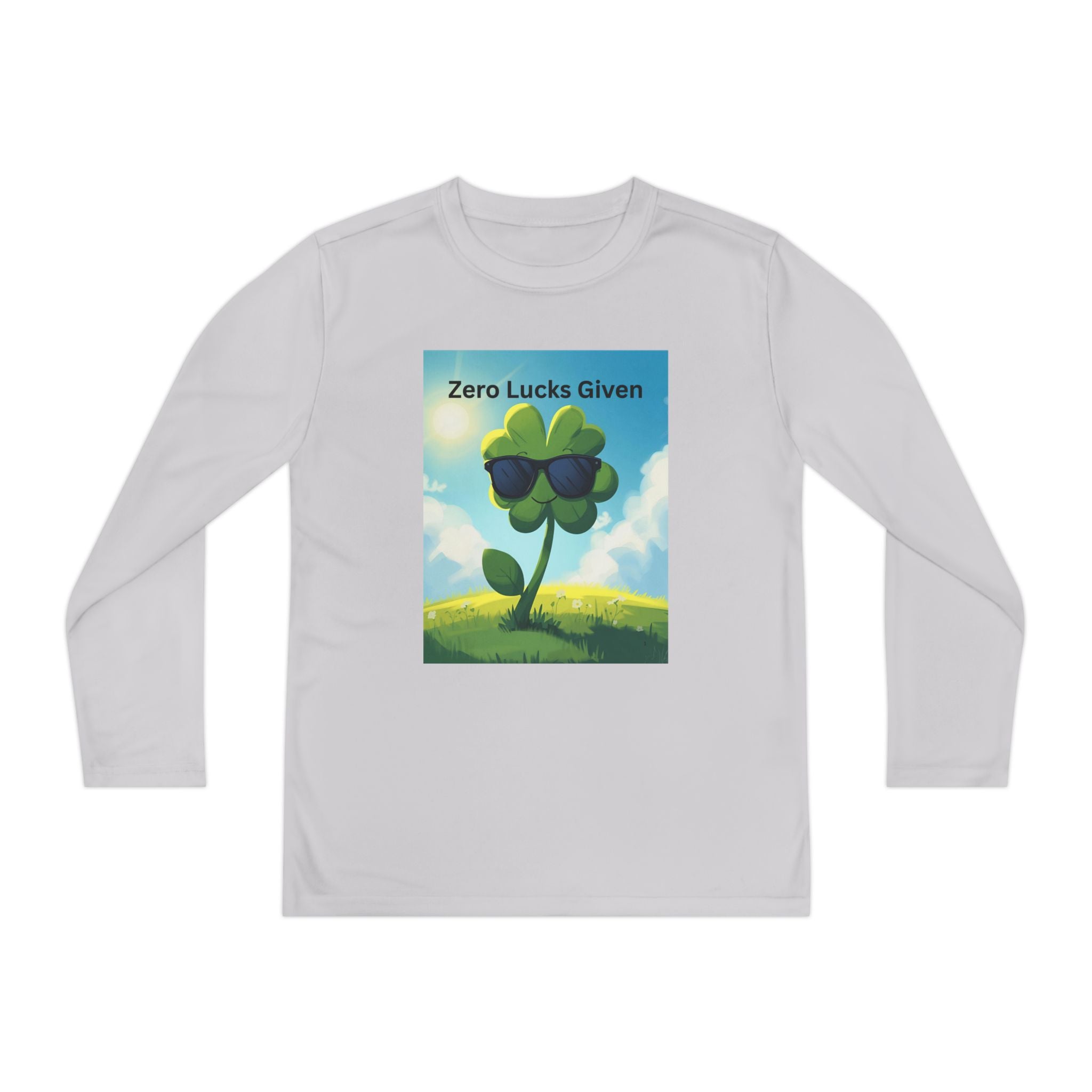 Zero Lucks Given Youth Long Sleeve Tee, Fun Graphic Shirt, Clover Print Top, Gift for Kids, Statement Tee, Birthday Gift