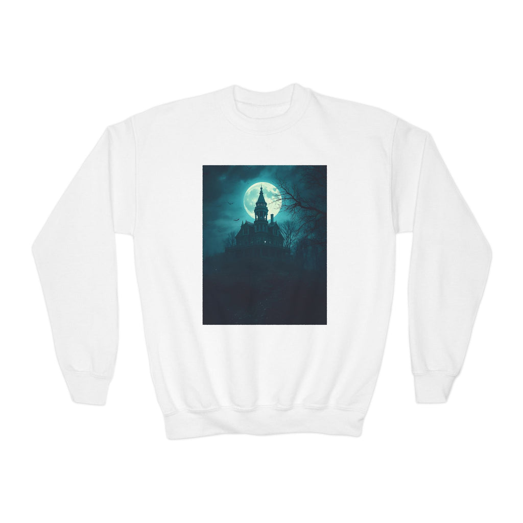 Haunted Moonlight Spooky Castle Youth Crewneck Sweatshirt | Halloween Gift, Cozy Sweatshirt for Kids, Unique Graphic Sweatshirt, Autumn Wardrobe Essential