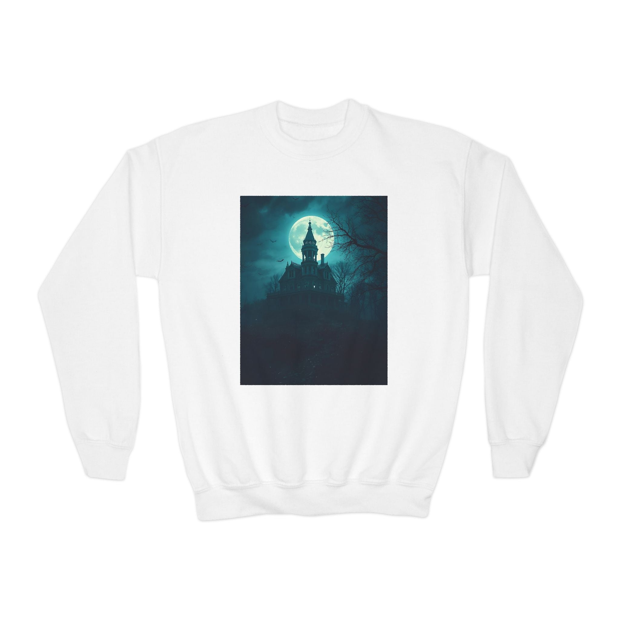 Haunted Moonlight Spooky Castle Youth Crewneck Sweatshirt | Halloween Gift, Cozy Sweatshirt for Kids, Unique Graphic Sweatshirt, Autumn Wardrobe Essential