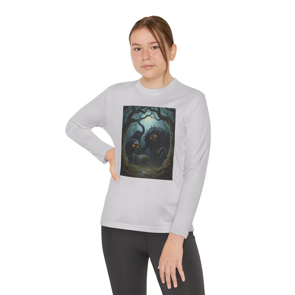 Spooky Forest Creatures Youth Long Sleeve Tee with Enchanted Forest Design, Comfortable Unisex T-Shirt for All Seasons, Perfect for Halloween and Nature Lovers