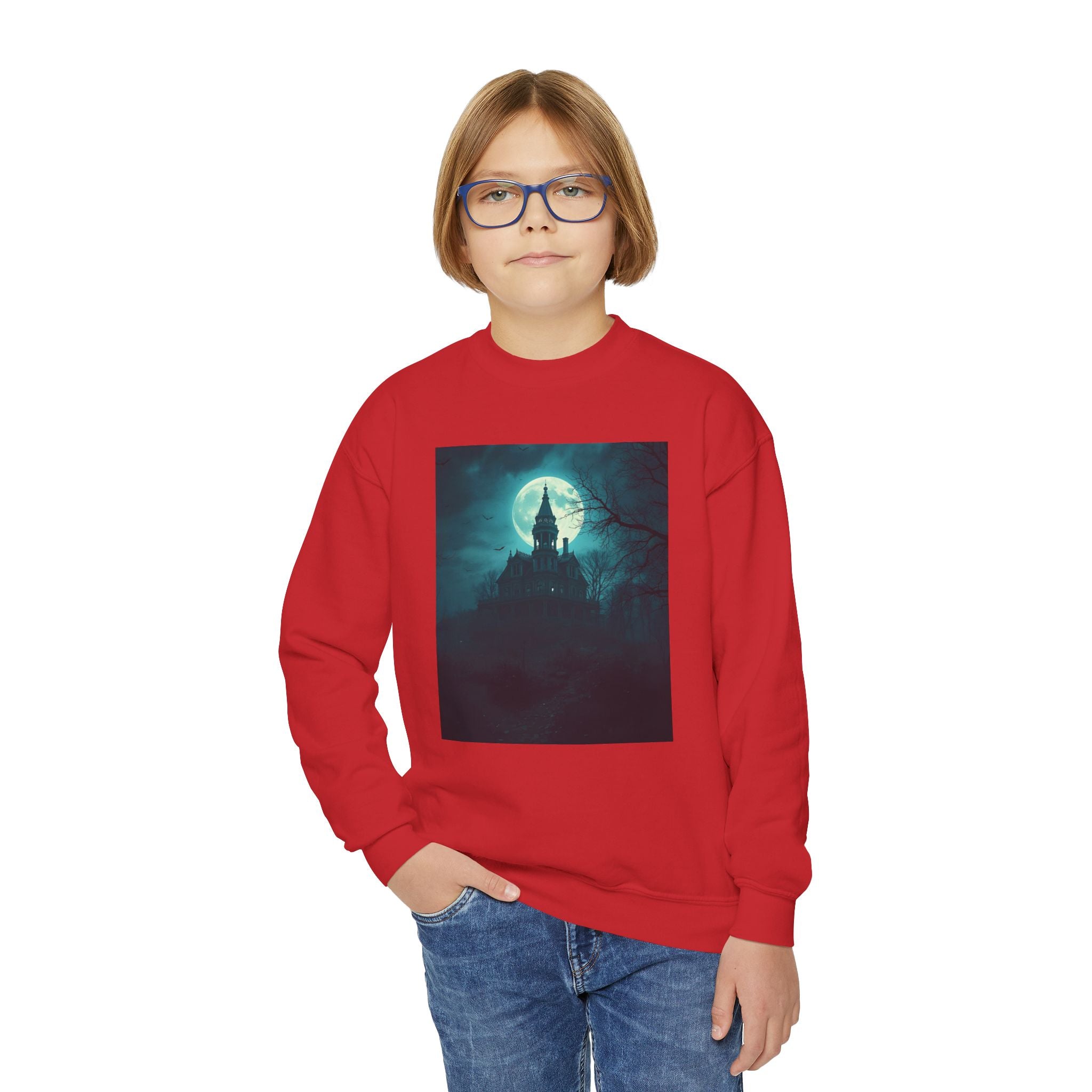 Haunted Moonlight Spooky Castle Youth Crewneck Sweatshirt | Halloween Gift, Cozy Sweatshirt for Kids, Unique Graphic Sweatshirt, Autumn Wardrobe Essential
